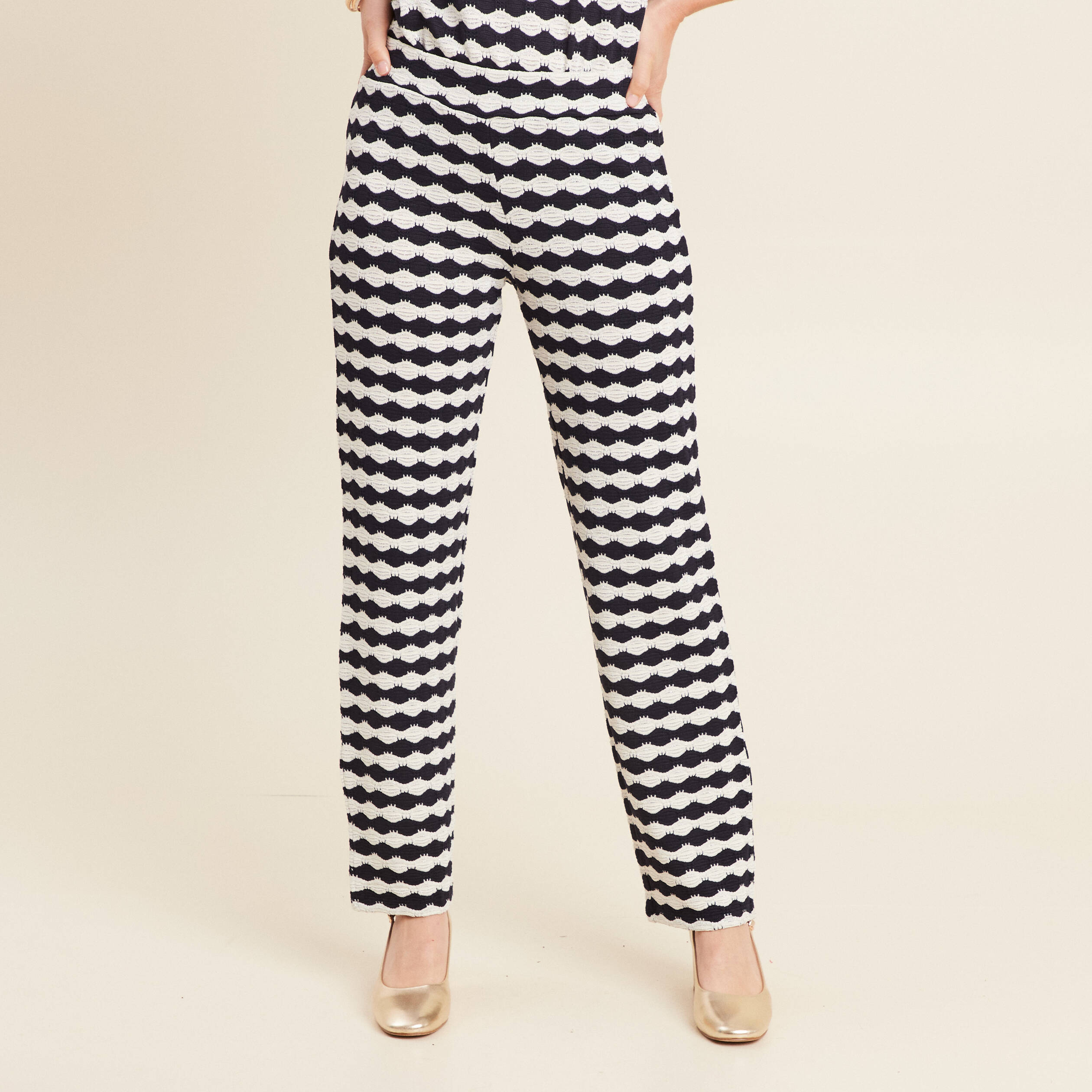 Pantalon large taille haute bleu marine femme