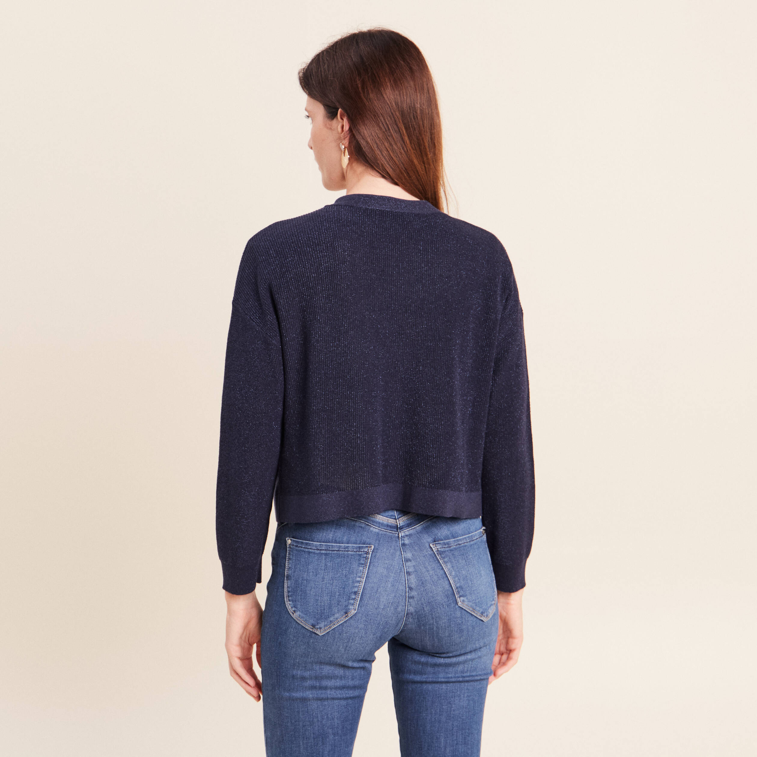 Gilet manches longues brillant bleu marine femme
