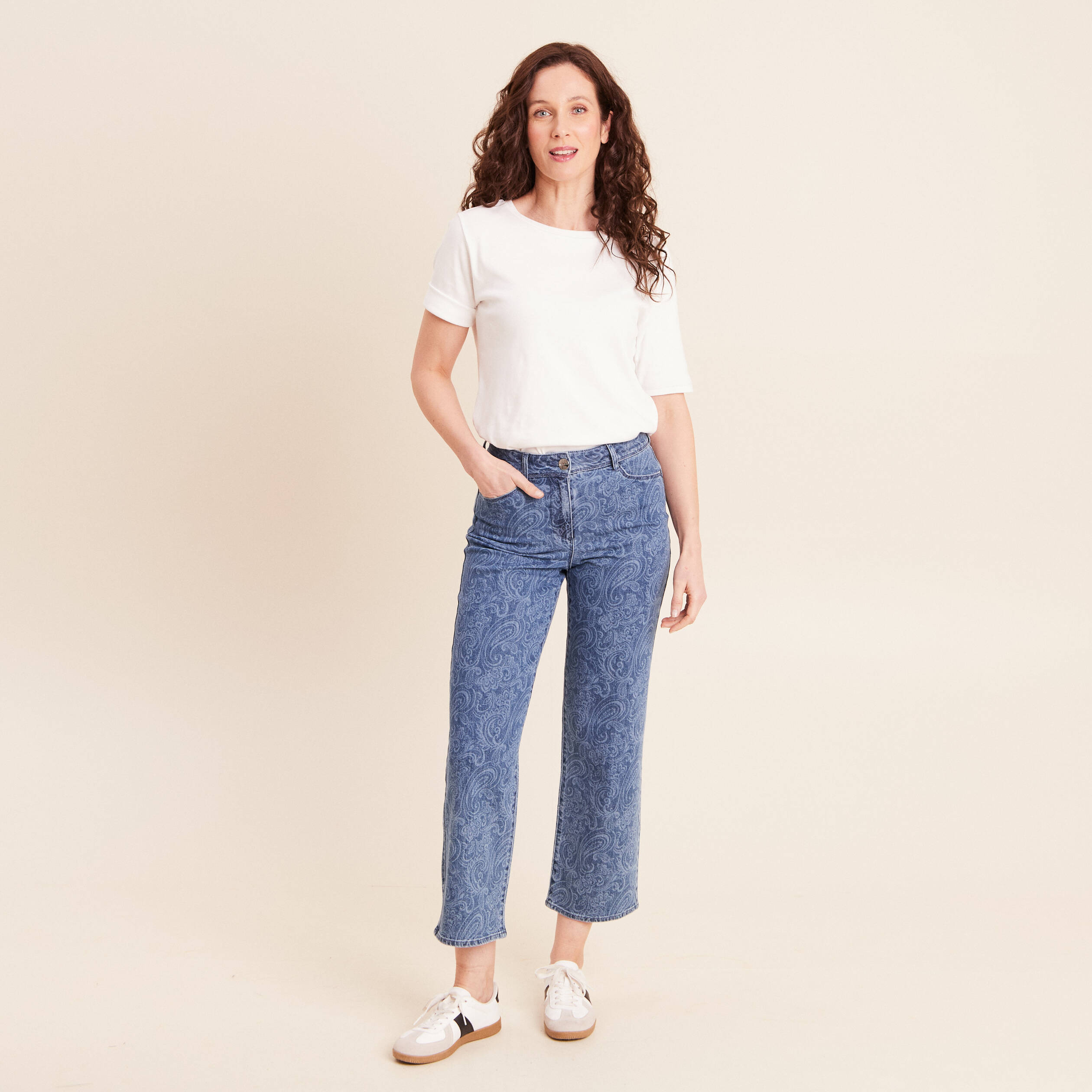 Jean droit 7/8&egrave;me taille bascul&eacute;e denim stone femme