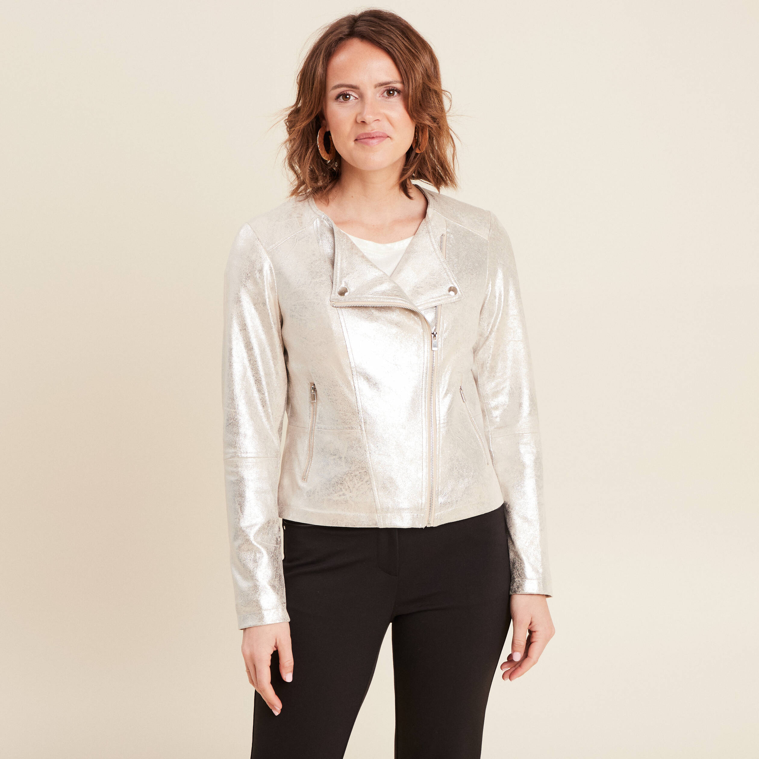 Veste droite zippée couleur argent femme