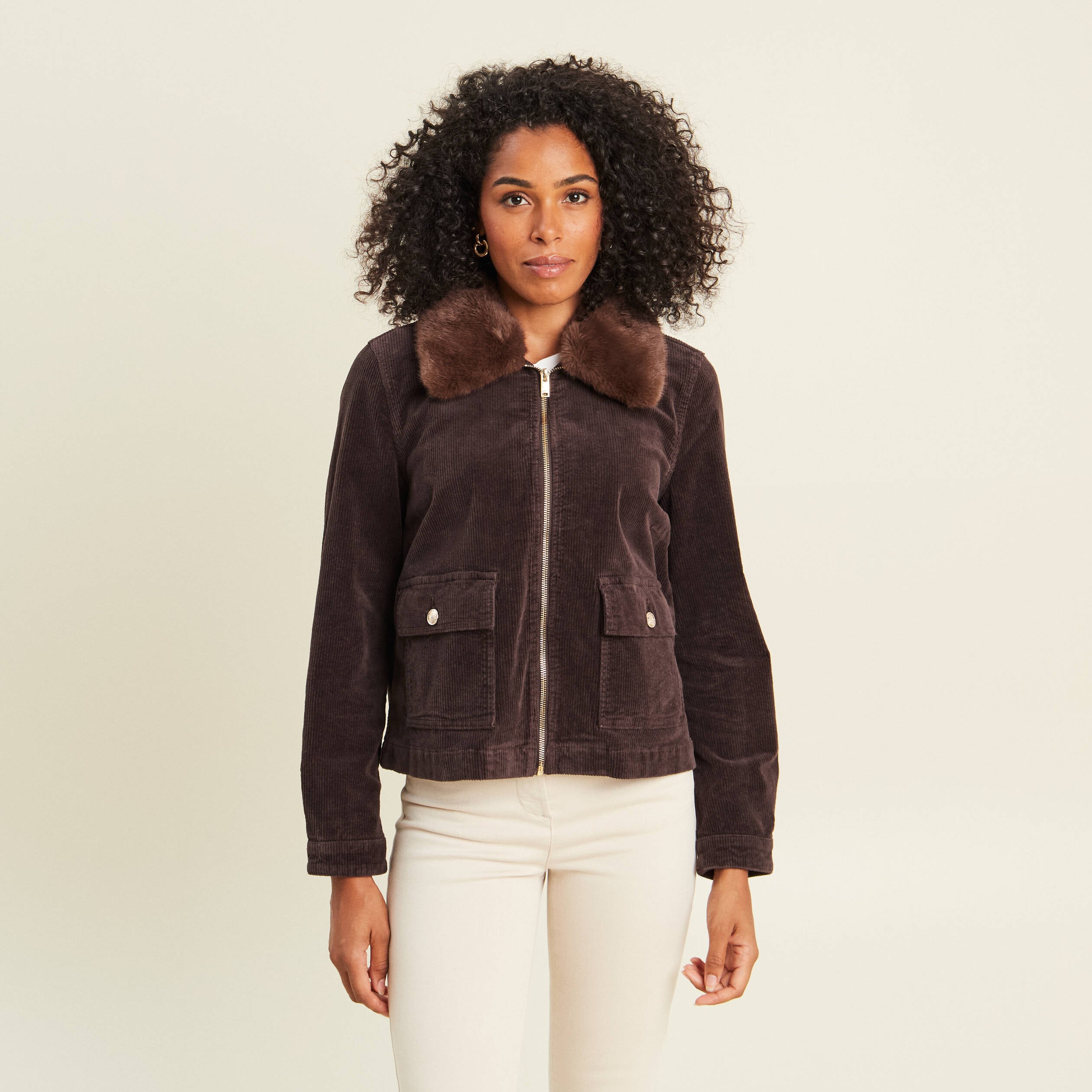 Blouson droit velours manches longues marron fonc&eacute; femme
