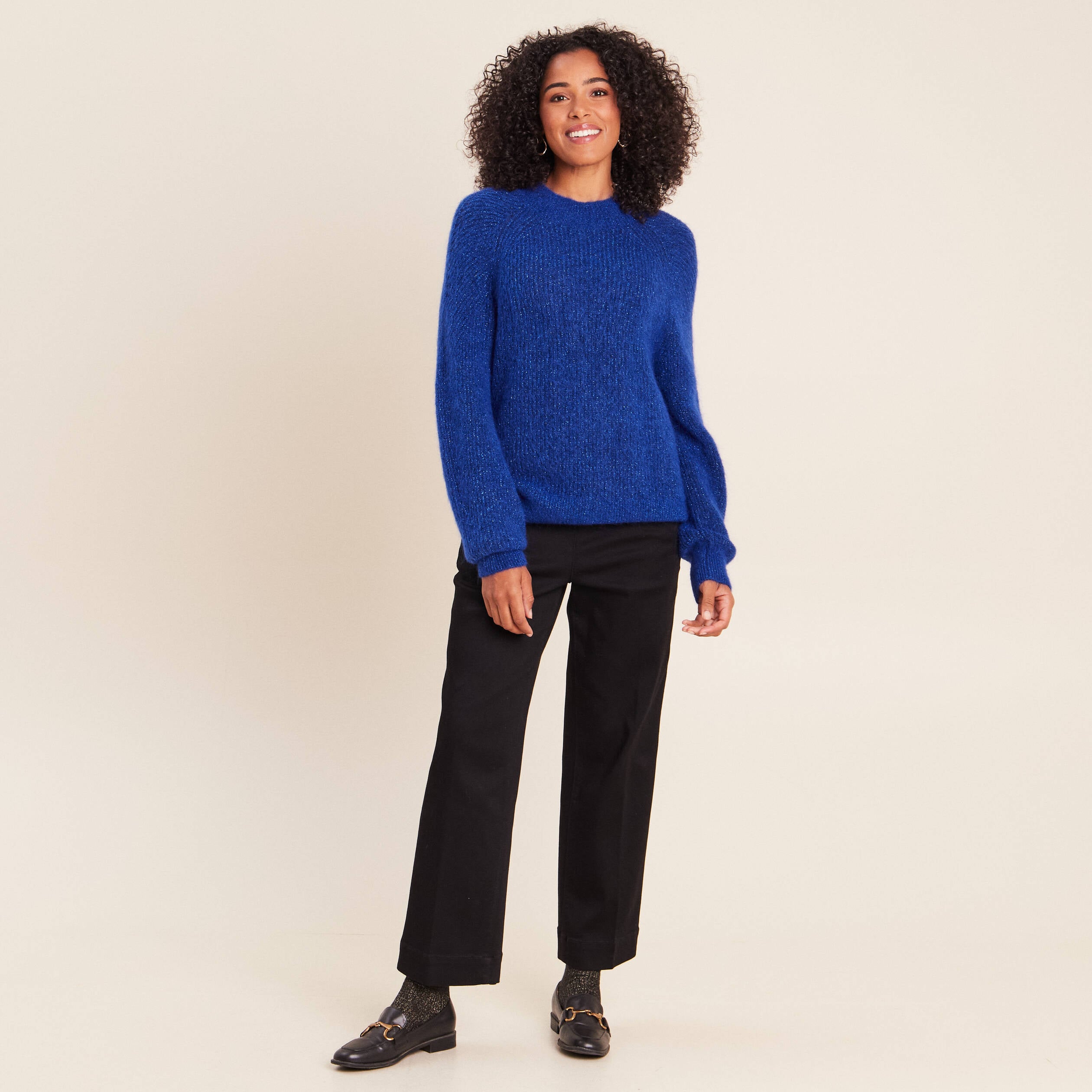 Pull droit col montant manches longues bleu electrique femme