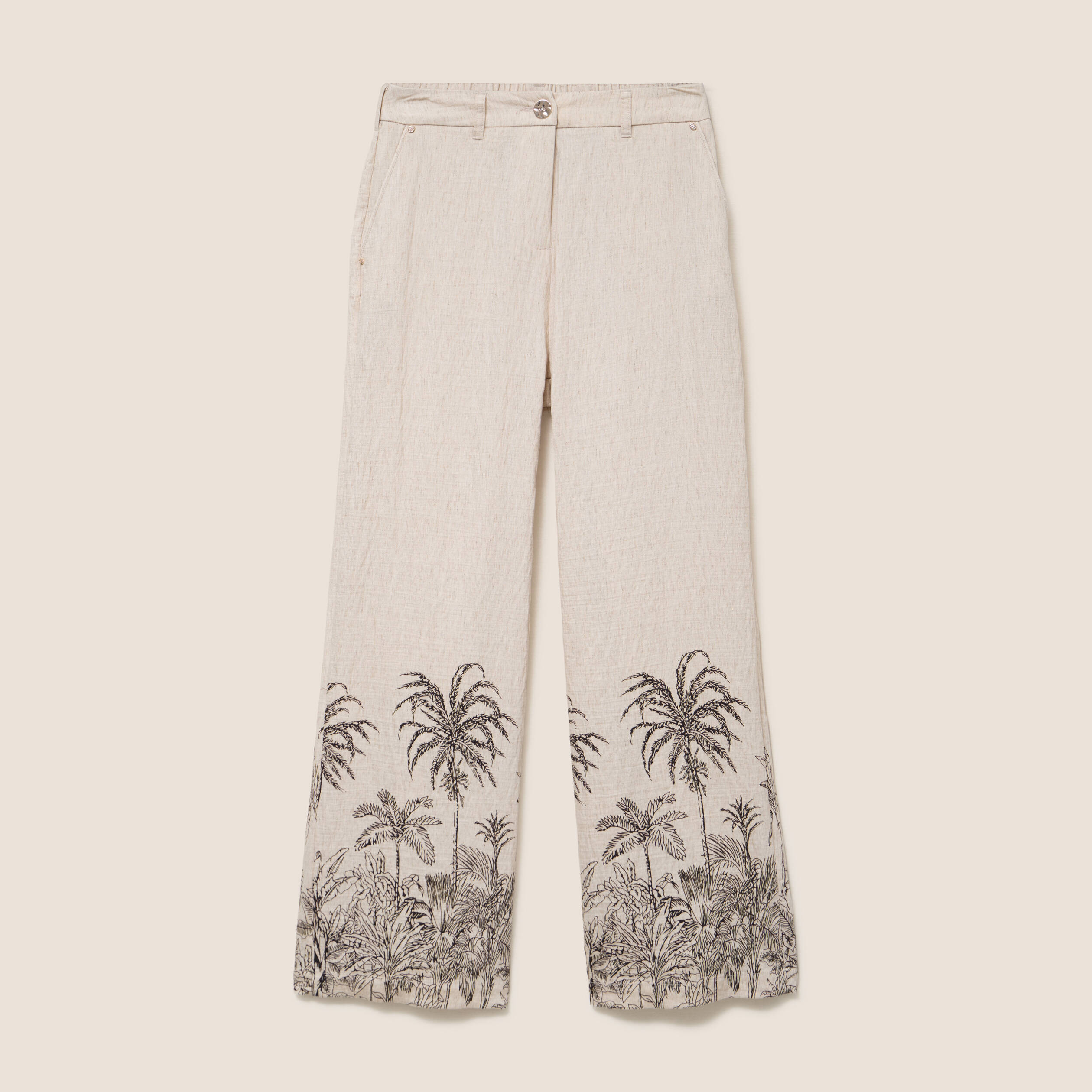 Pantalon large taille haute beige femme