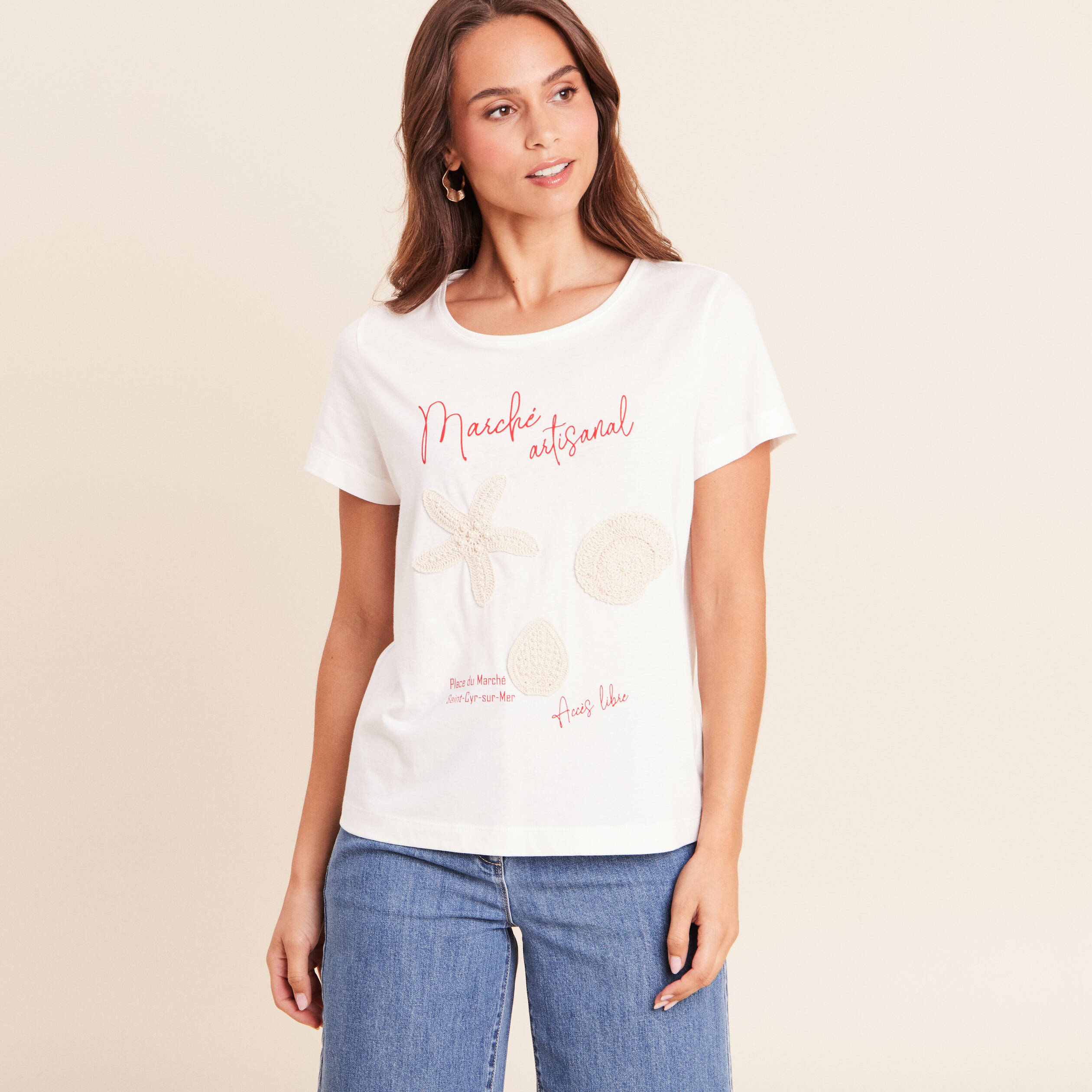 T-shirt col rond manches courtes ecru femme