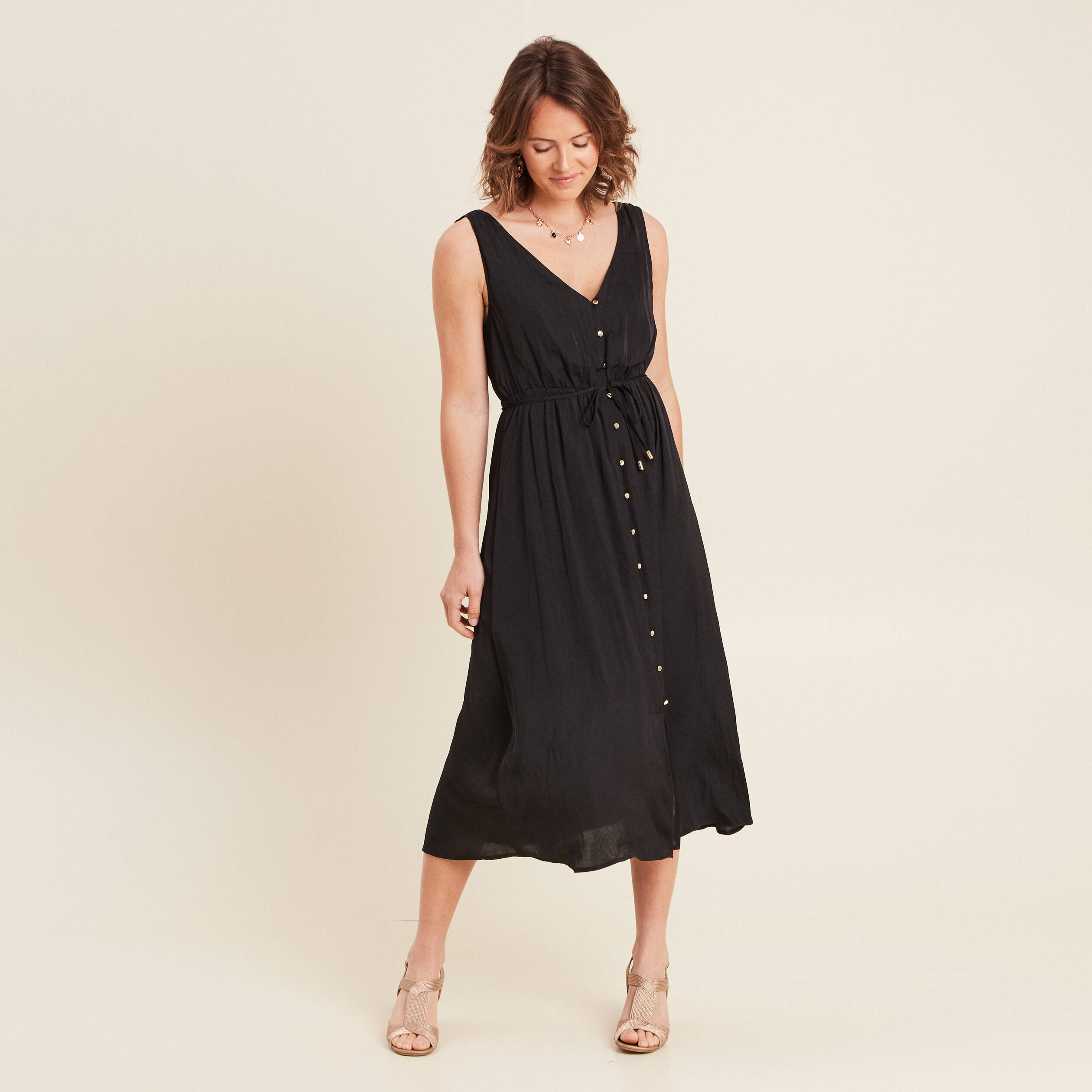 Robe midi évasée satin noir femme