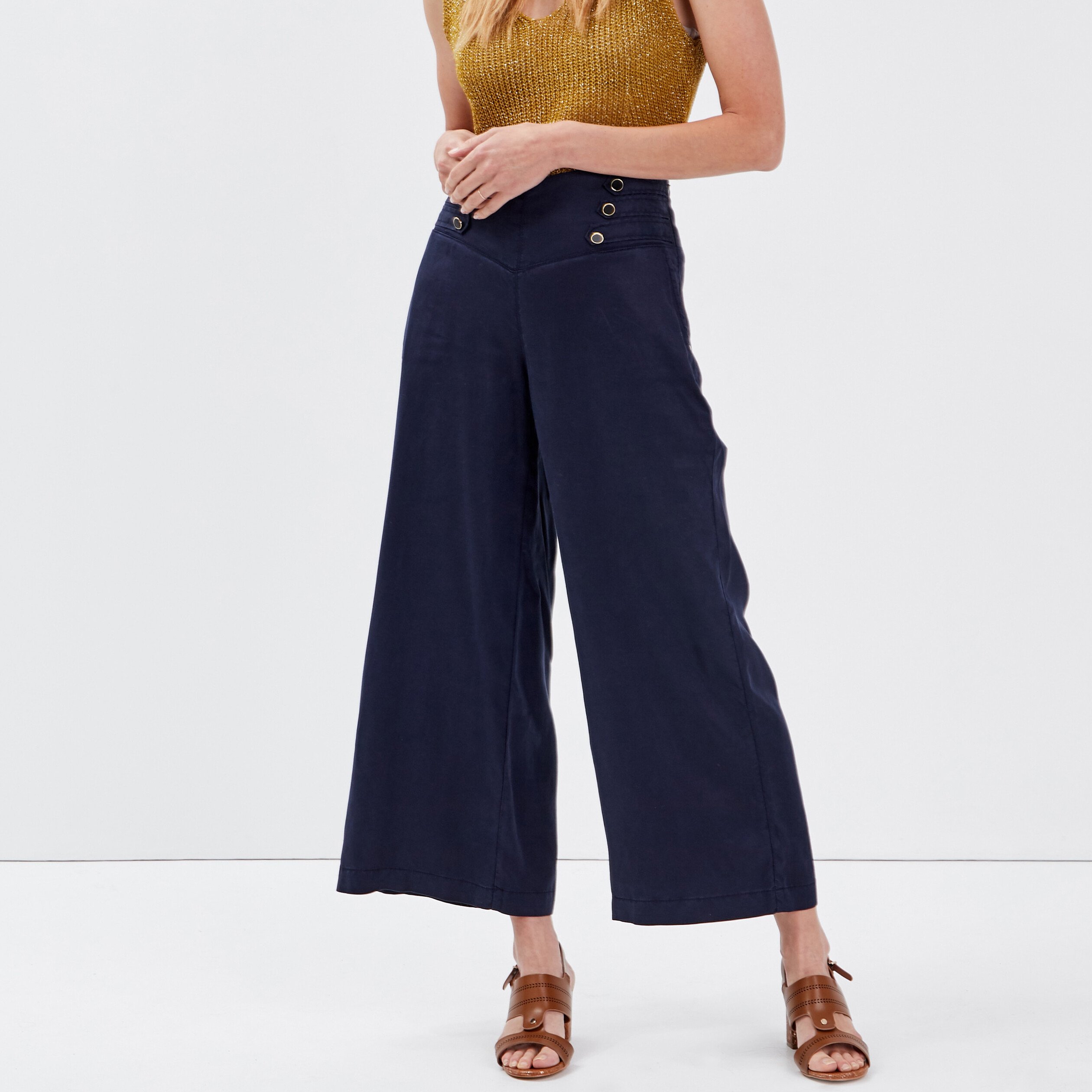 Pantalon large taille haute bleu foncé femme