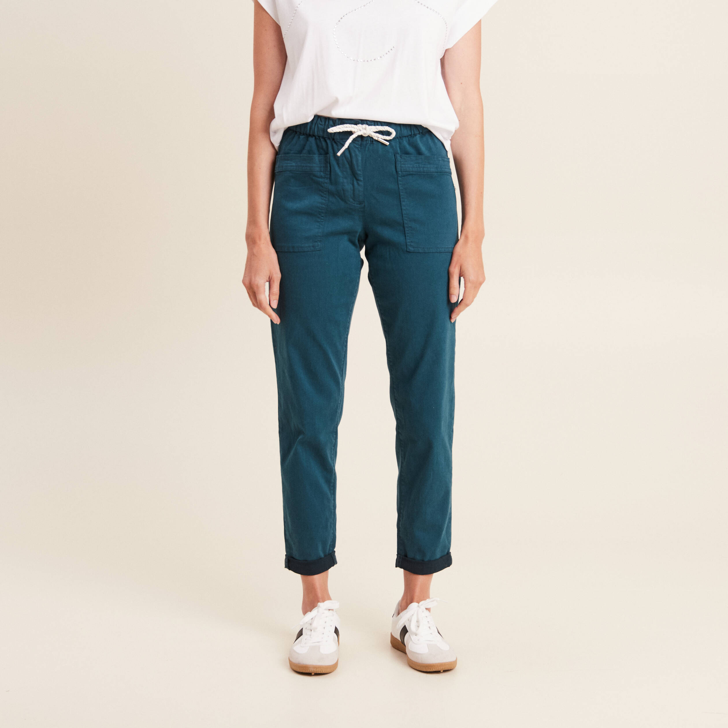 pantalon coupe droite a coulisse bleu canard femme Pantalon coupe droite à coulisse bleu canard femme