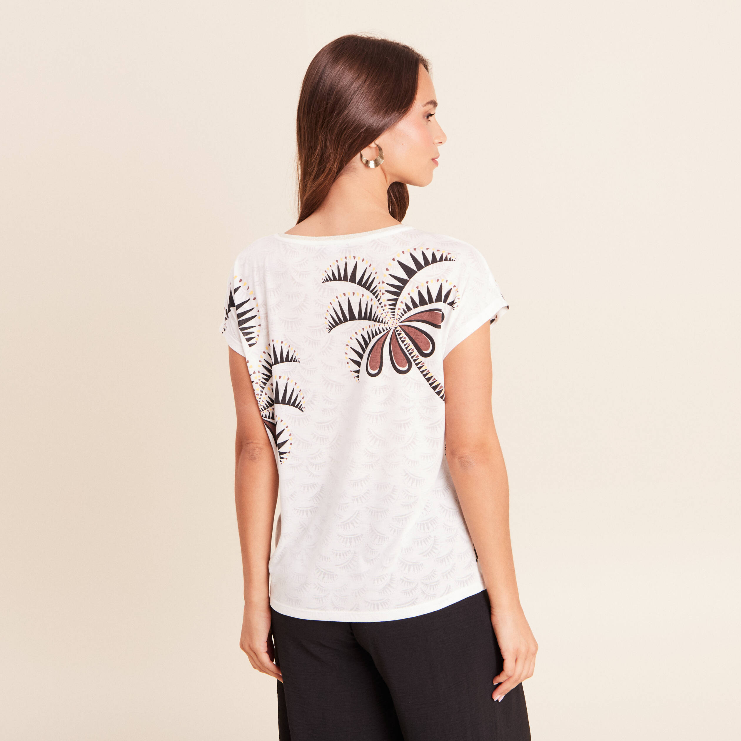 T-shirt col v manches courtes ecru femme