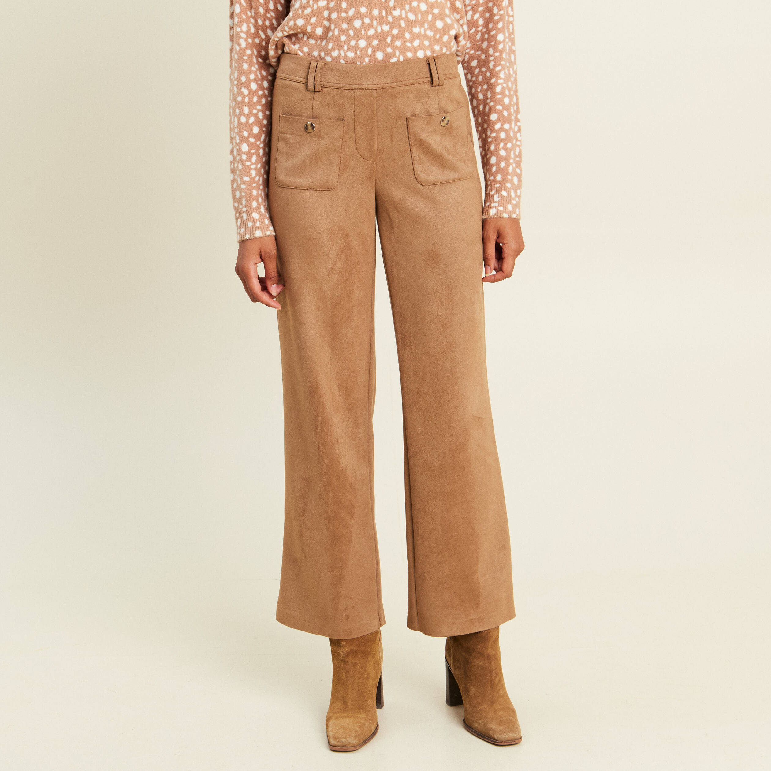 Pantalon aspect daim marron femme