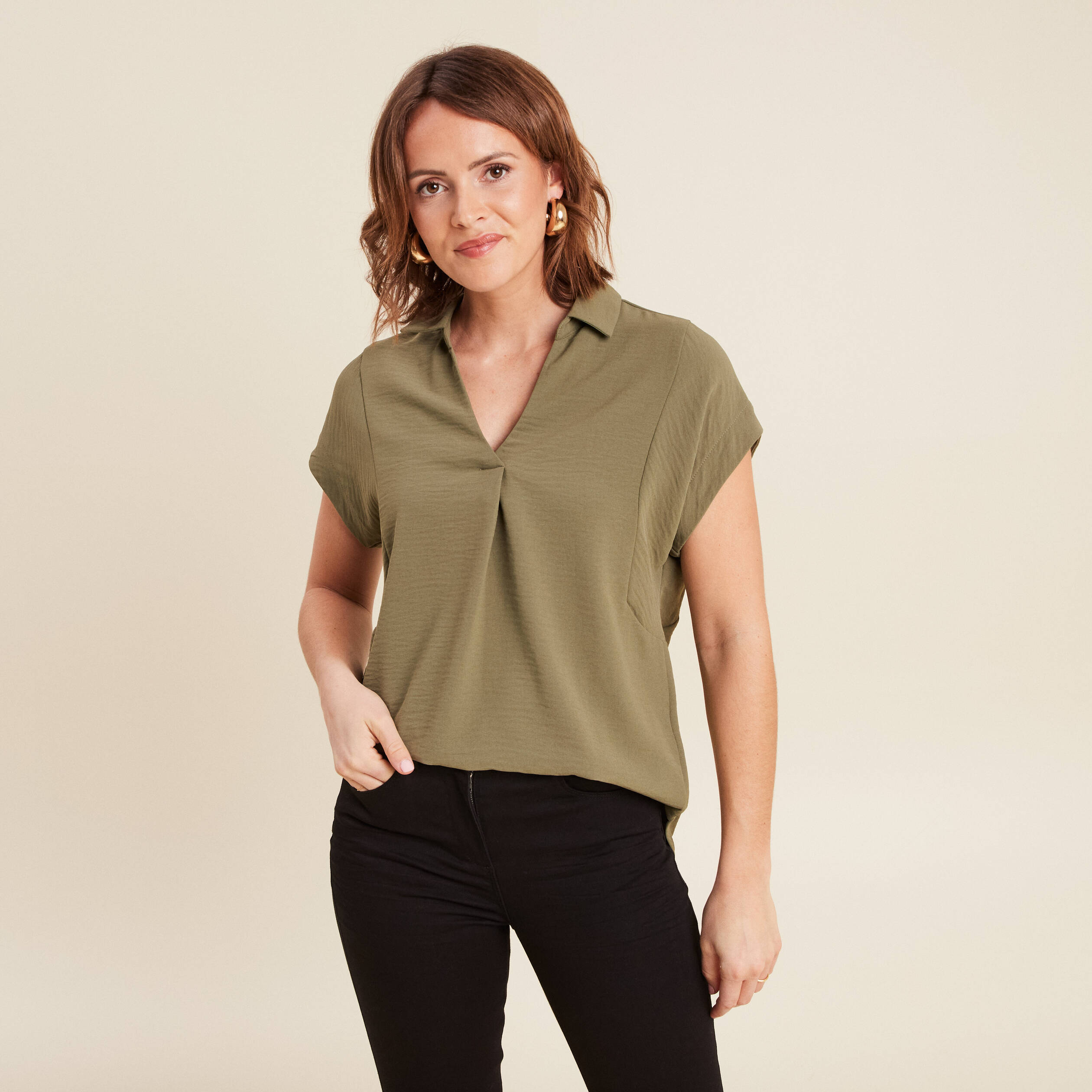 Blouse manches courtes vert kaki femme