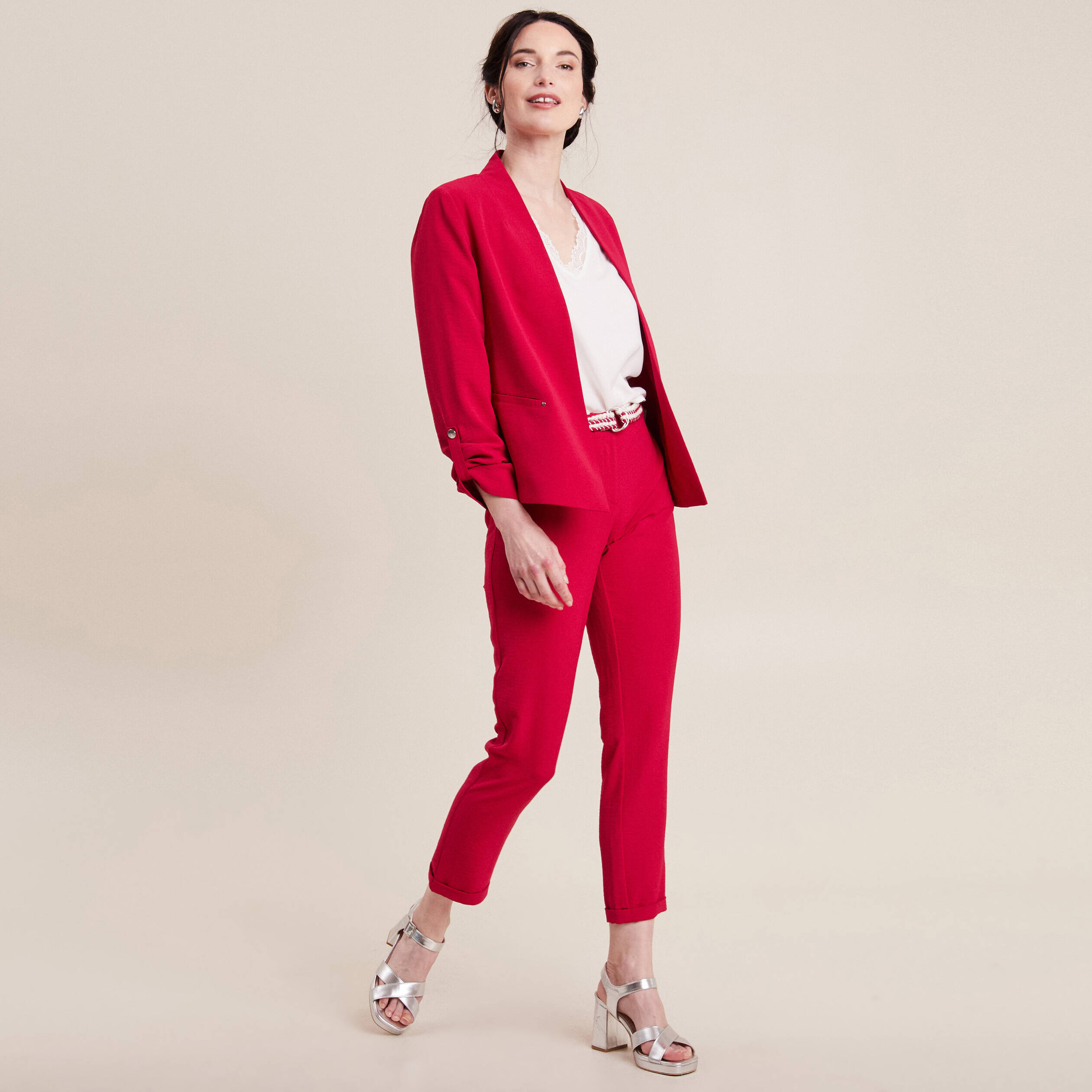 Pantalon chino à ceinture rose cerise femme