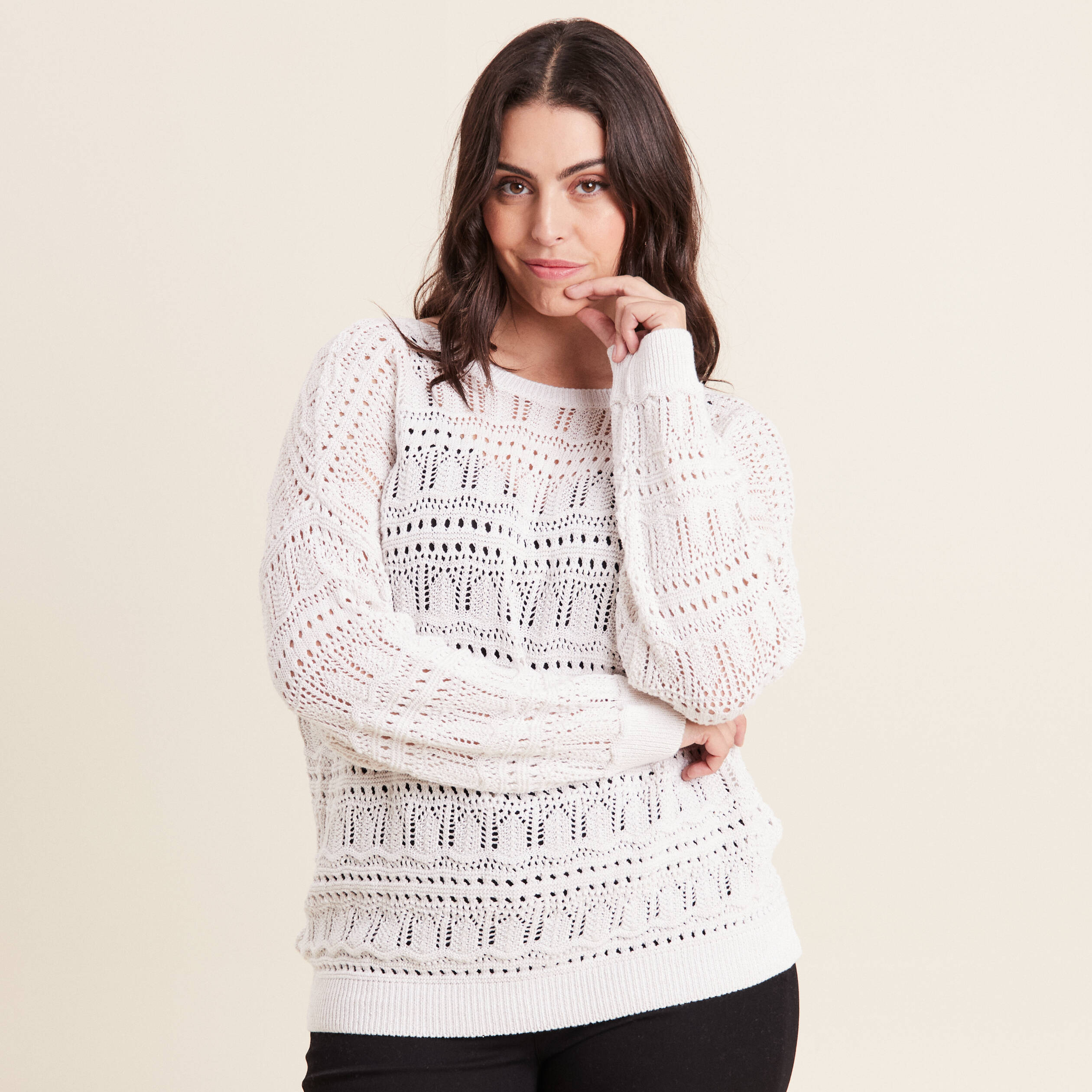 Gilet manches longues ajouré ecru femme