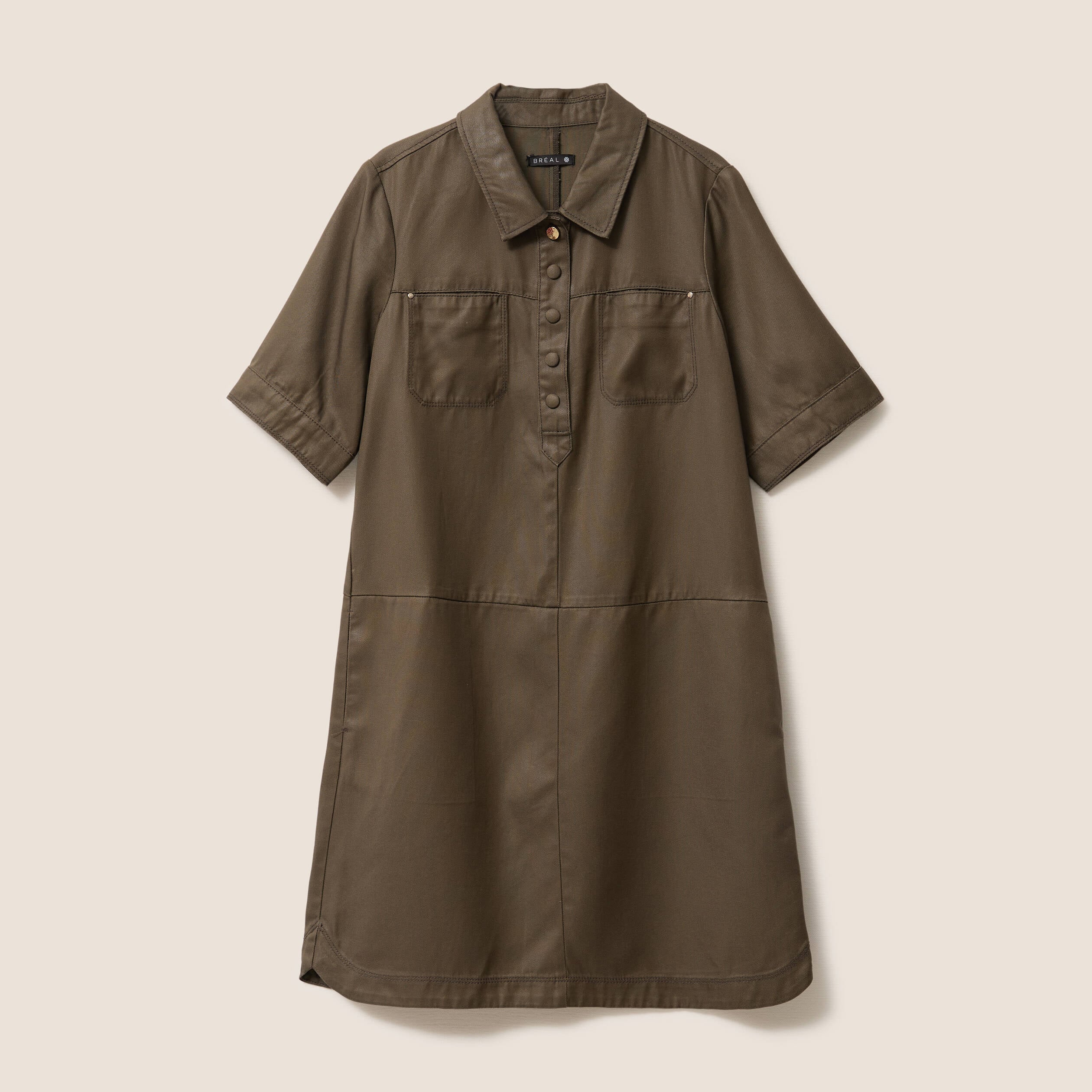 Robe droite courte enduite col chemise vert kaki femme