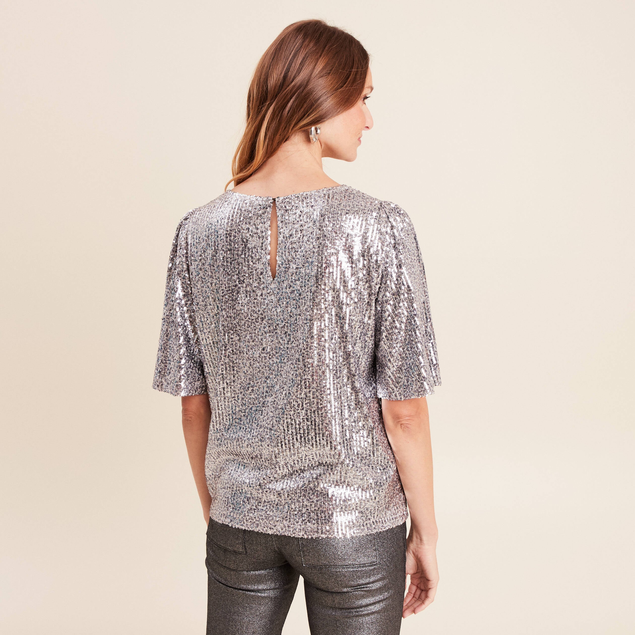 T-shirt &agrave; sequins manches coudes gris argent femme