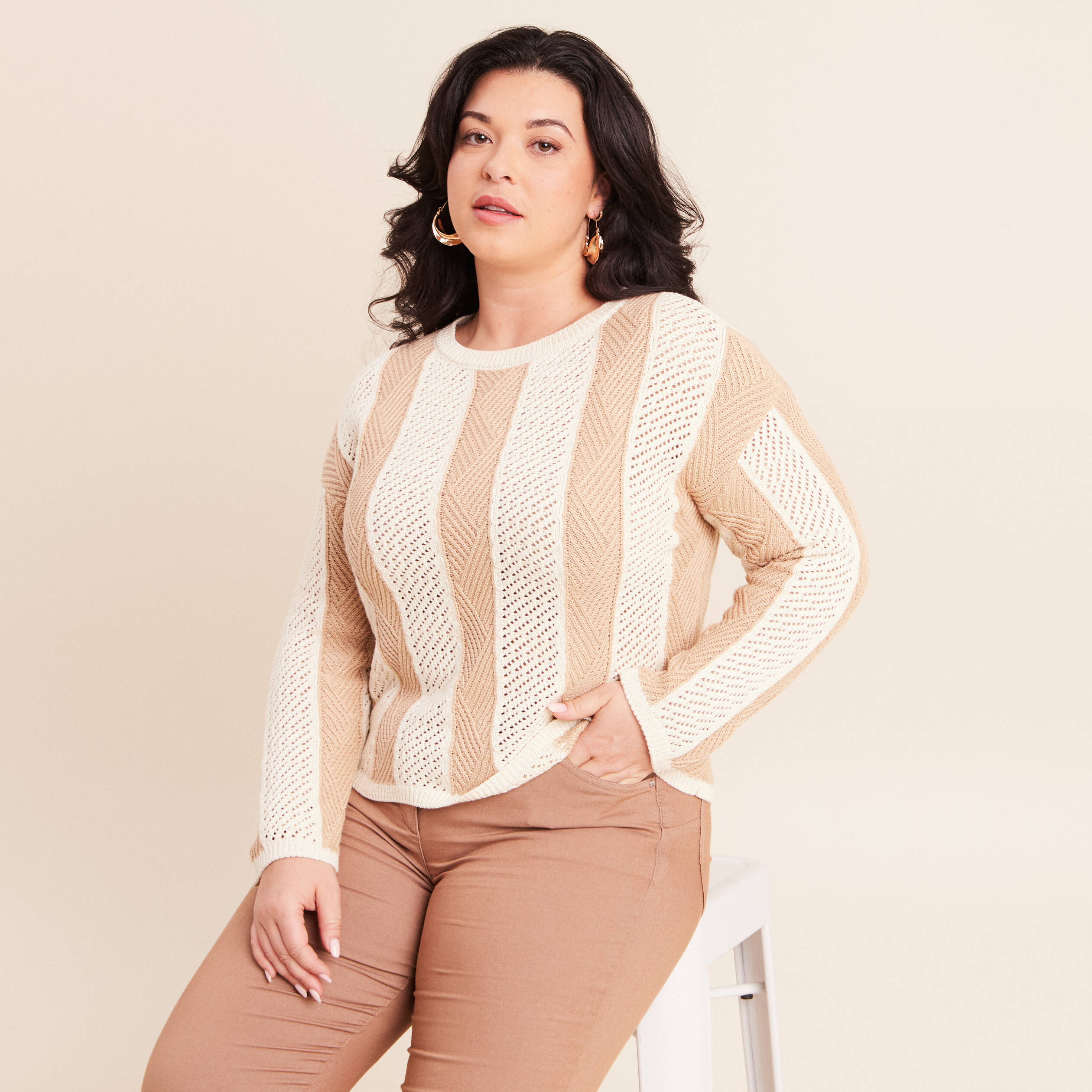 Pull col rond manches longues marron femme