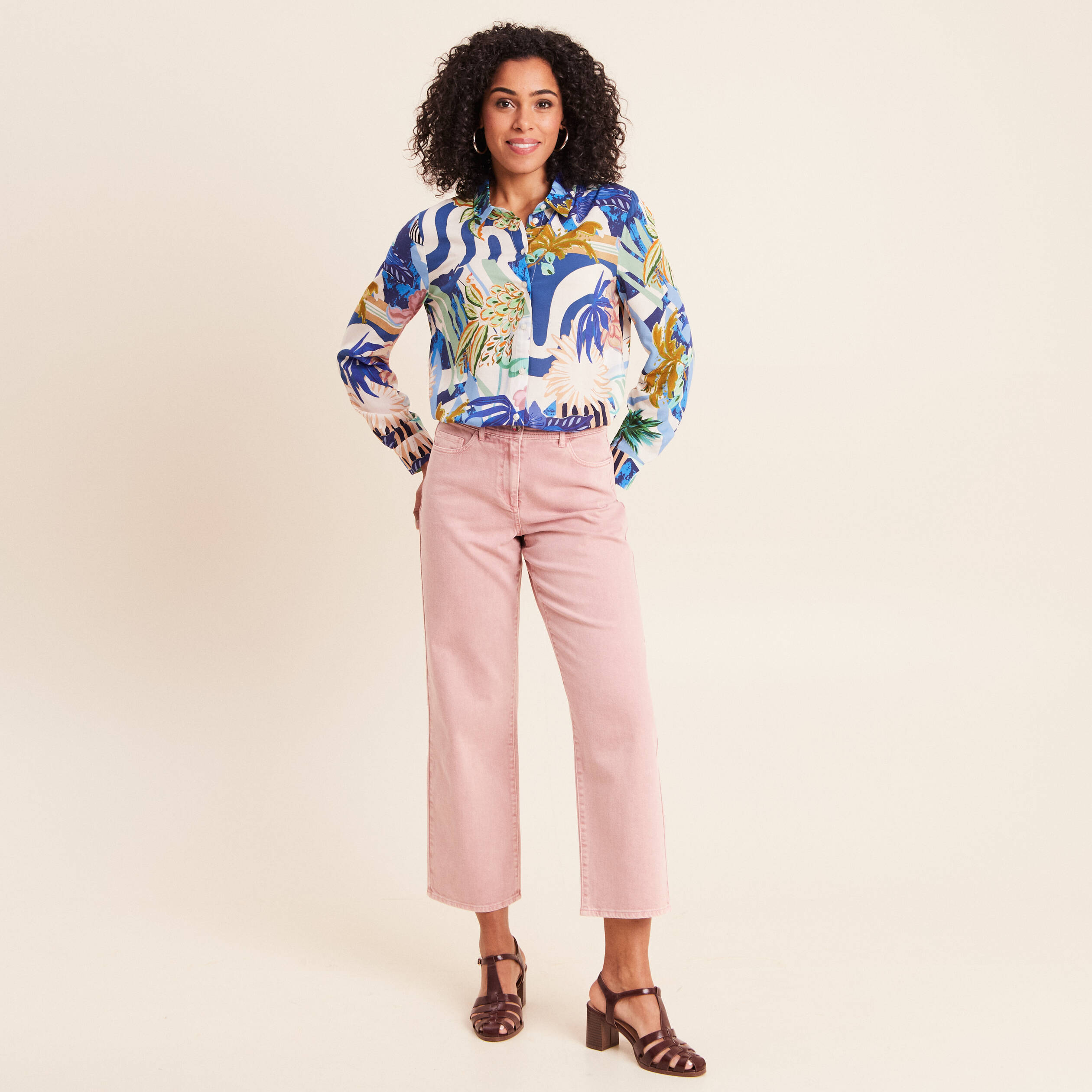Jean coupe large 7/8&egrave;me taille haute rose femme