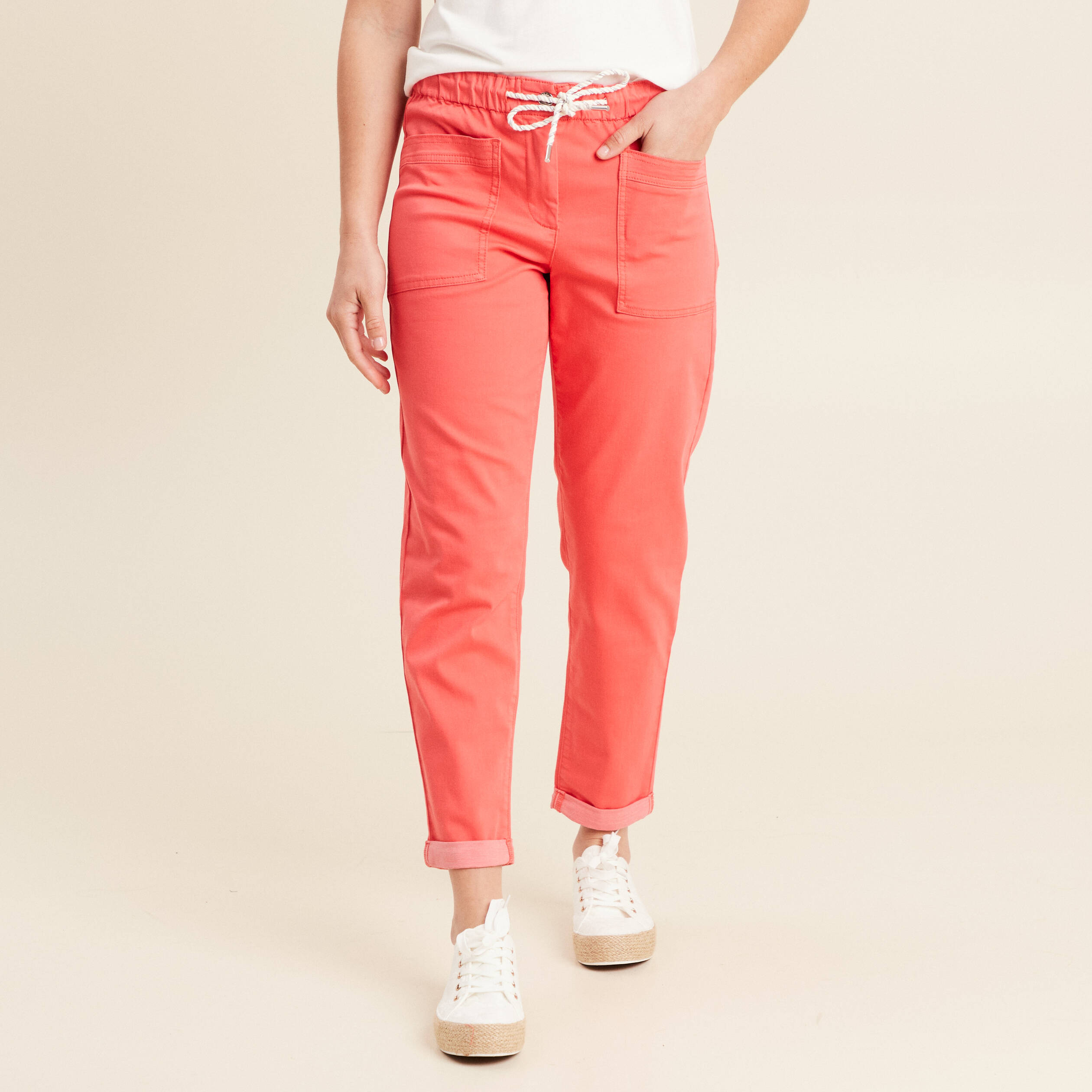 Pantalon coupe mom 7/8&egrave;me rouge corail femme