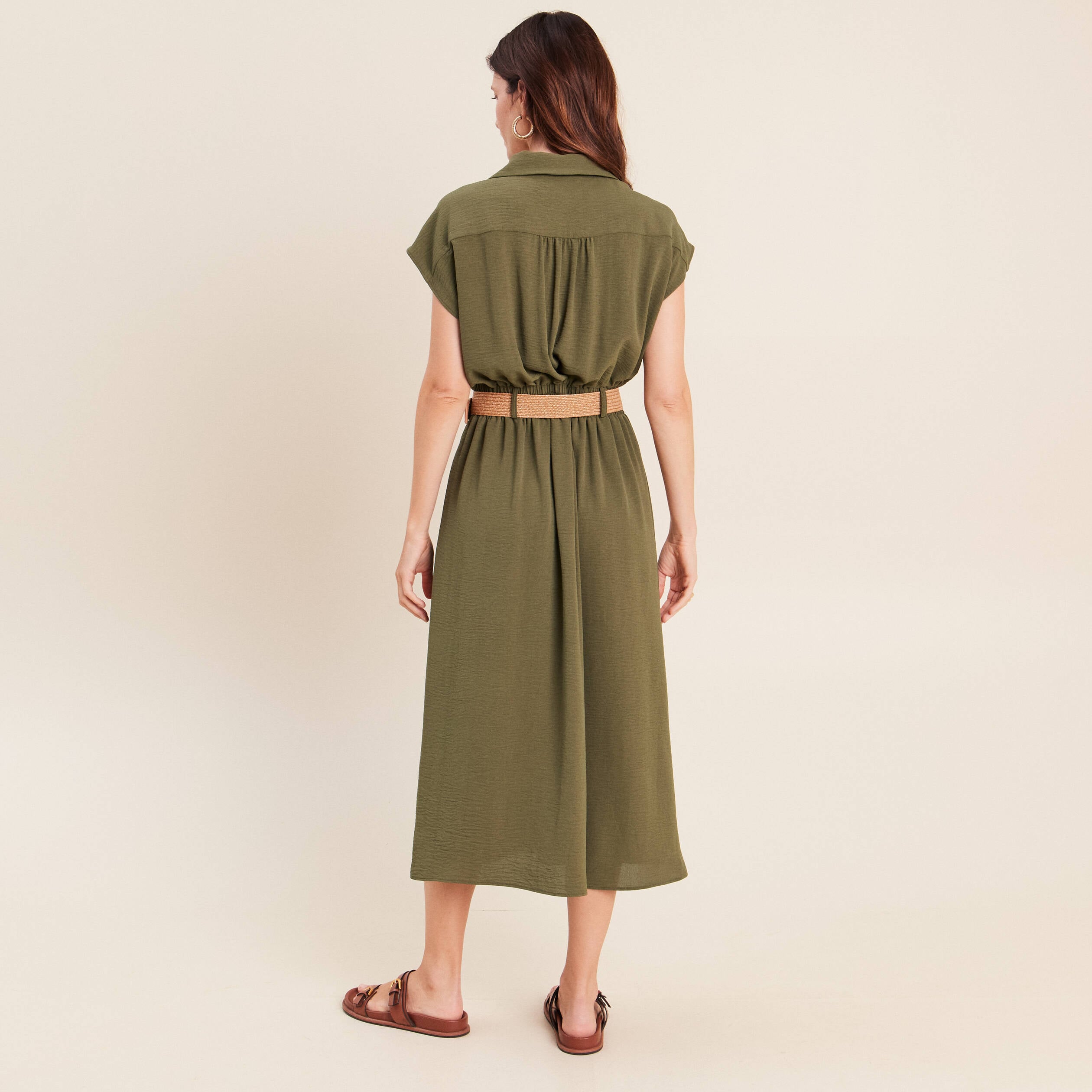 Robe patineuse 3/4 col chemise vert kaki femme