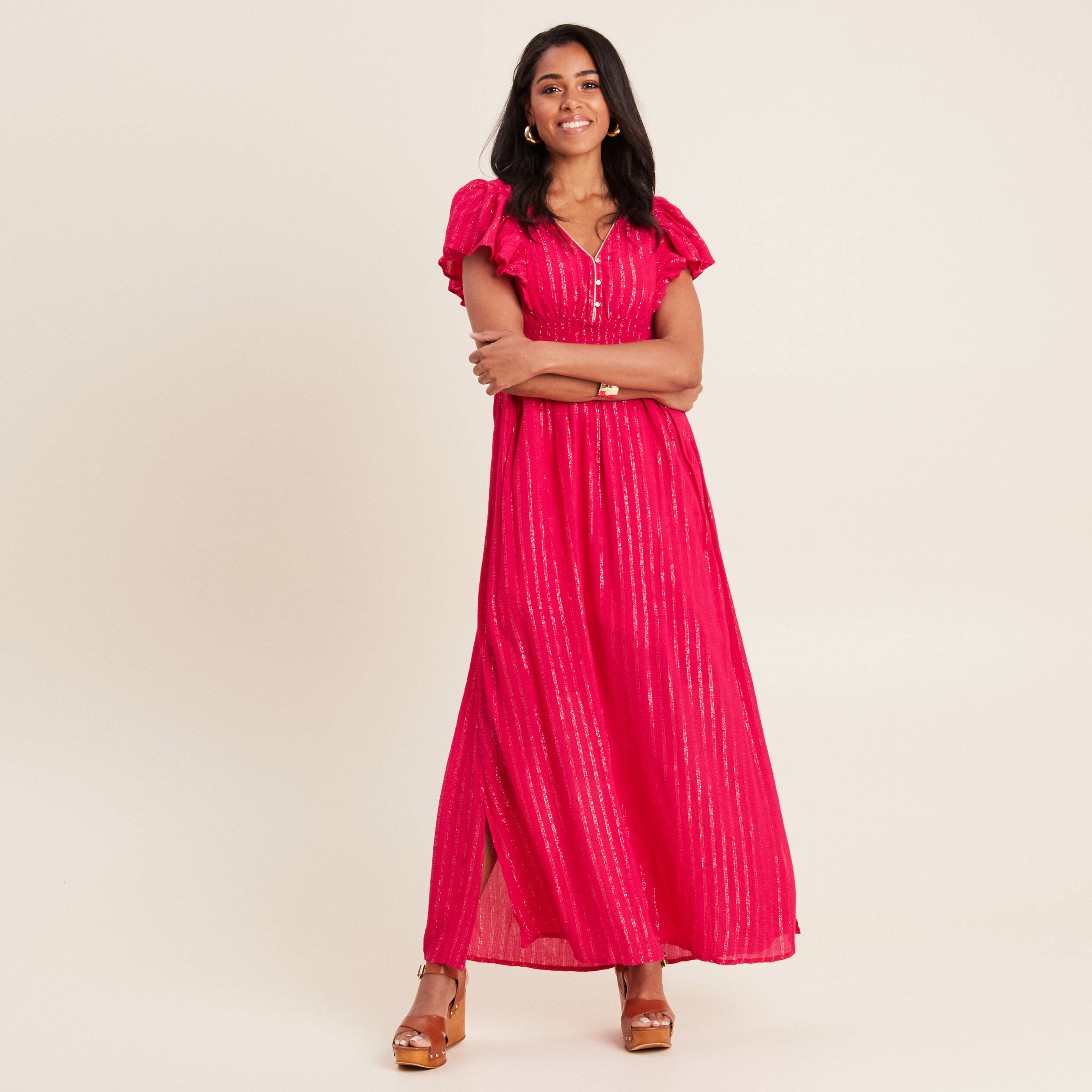Robe longue droite fluide rose fushia femme