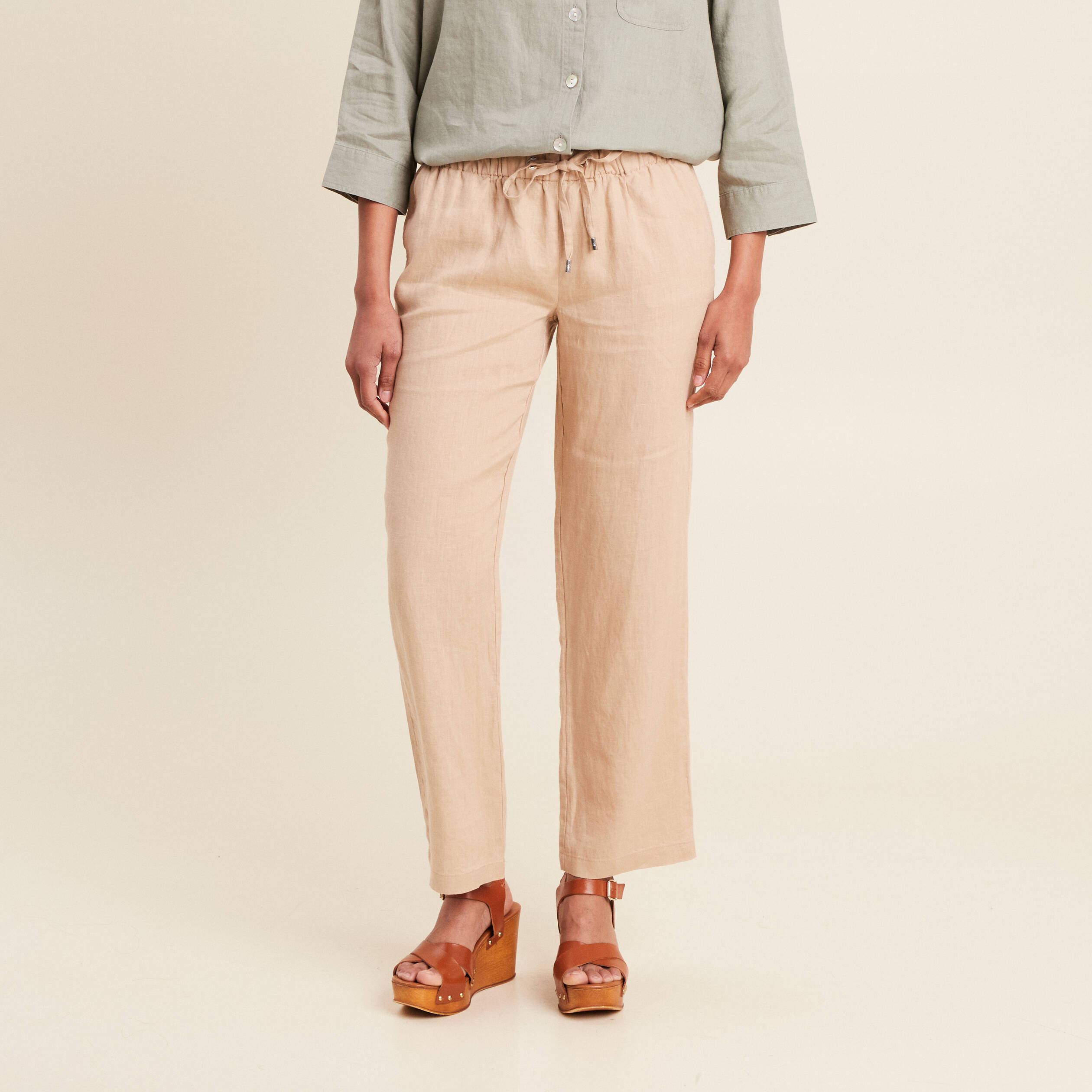 Pantalon flou 7/8ème en lin sable femme