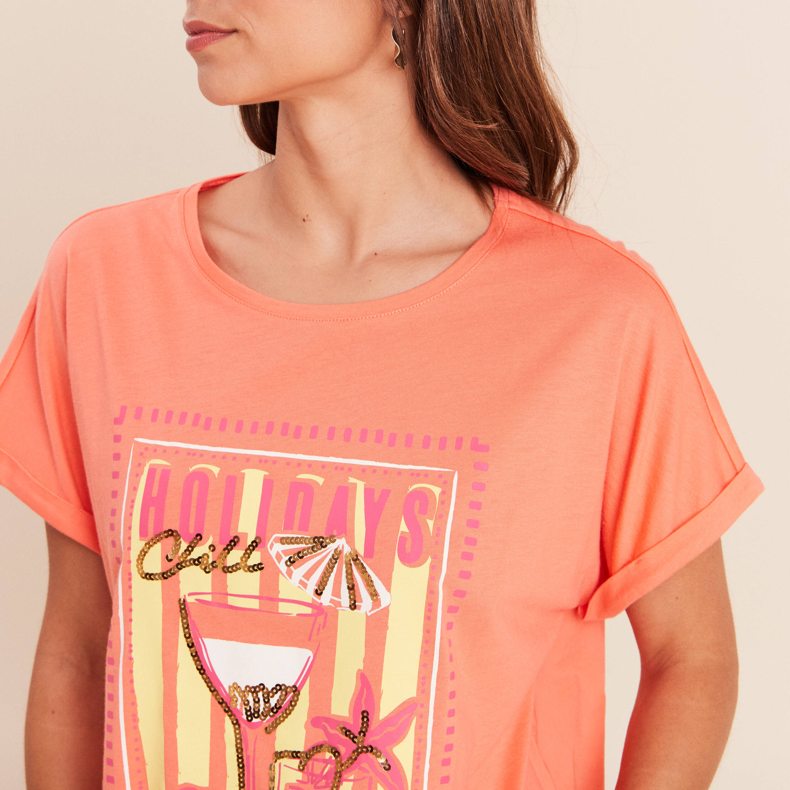T-shirt col rond manches courtes sequins orange fluo femme