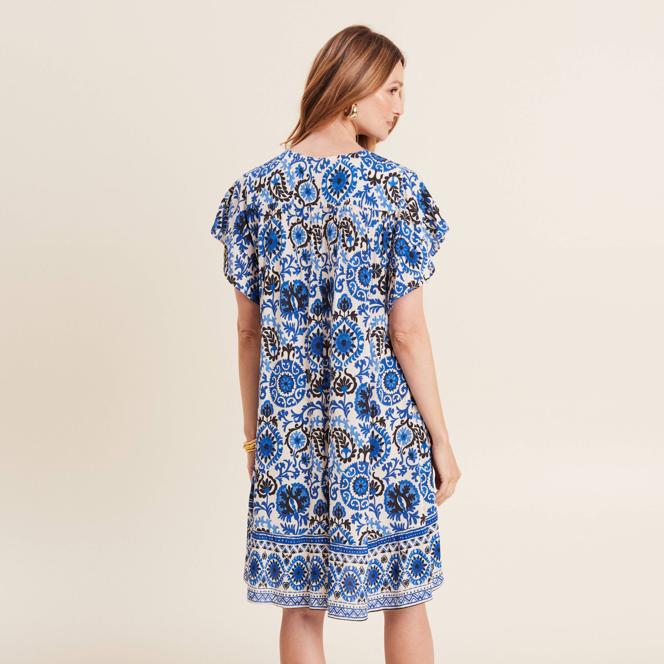 robe evasee col tunisien bleu femme Robe évasée col tunisien bleu femme