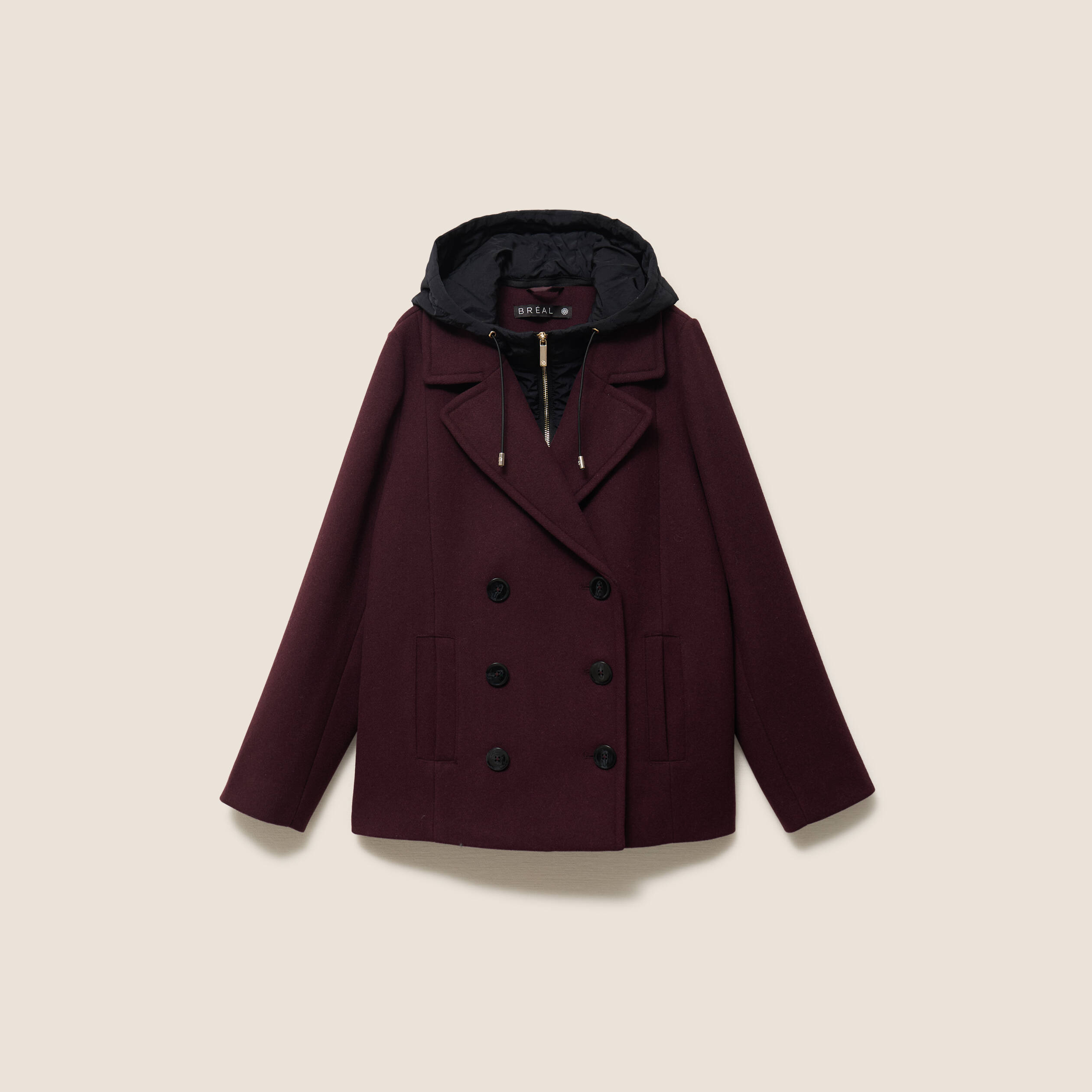 Caban doubl&eacute; avec capuche bordeaux femme