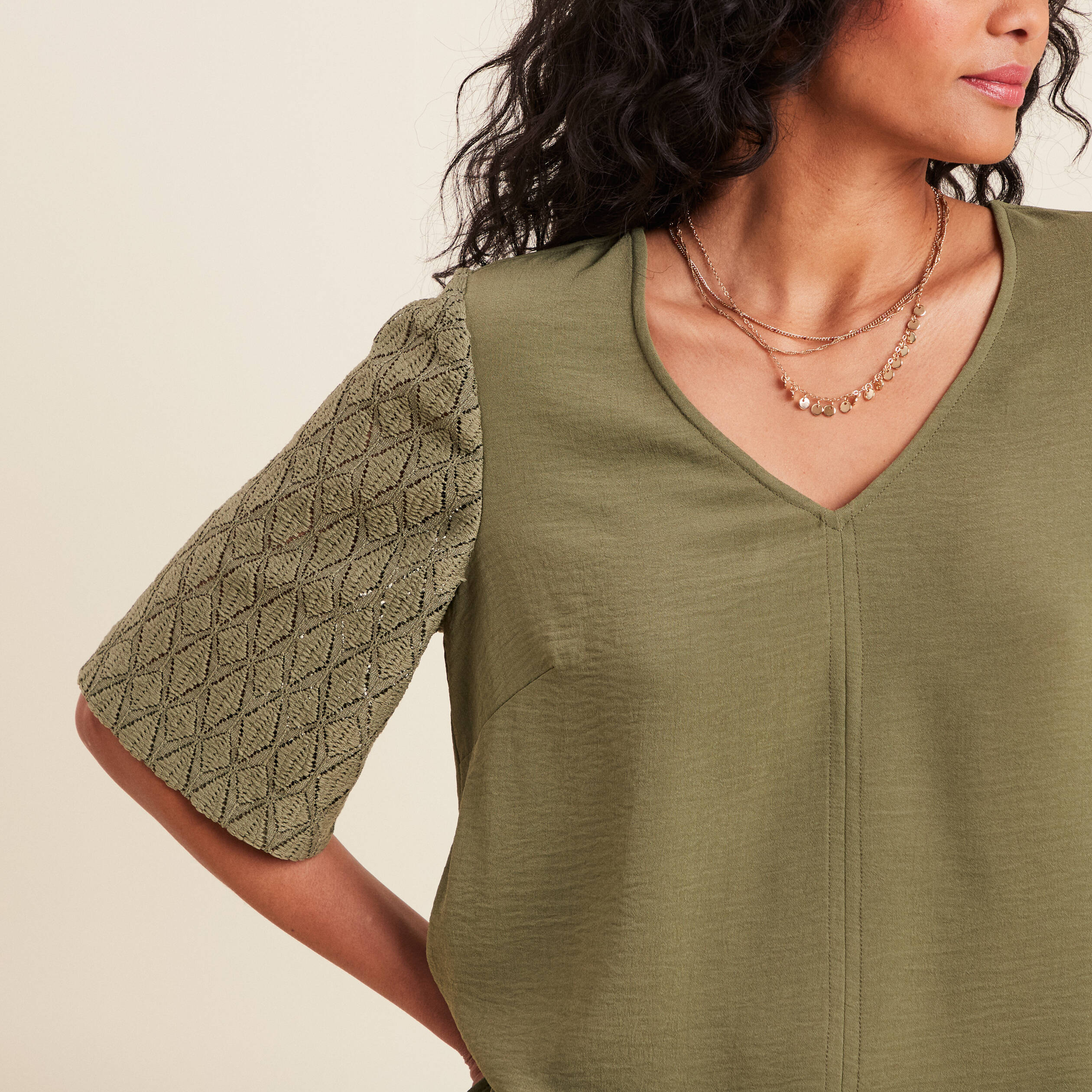Blouse manches 3/4 vert kaki femme