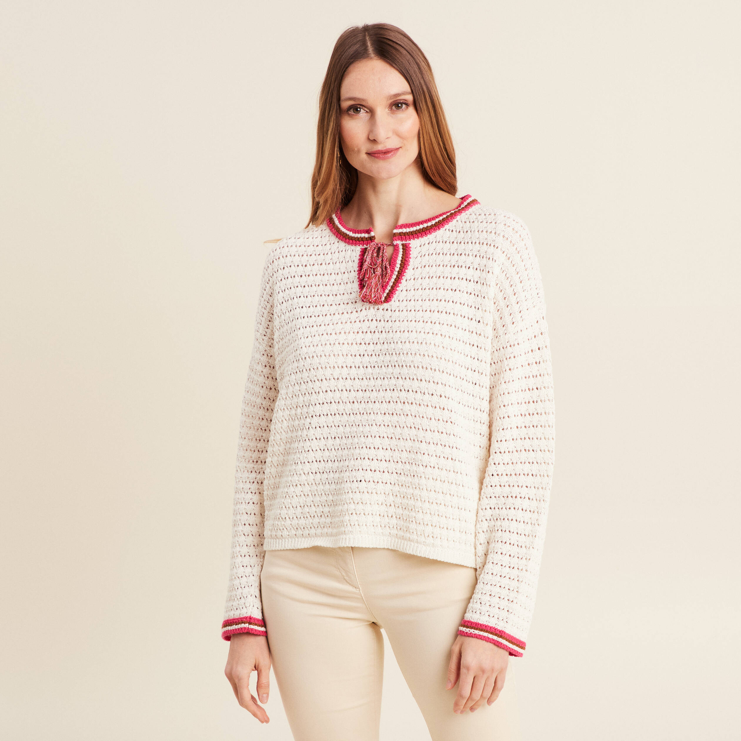 Pull manches longues ajouré ecru femme