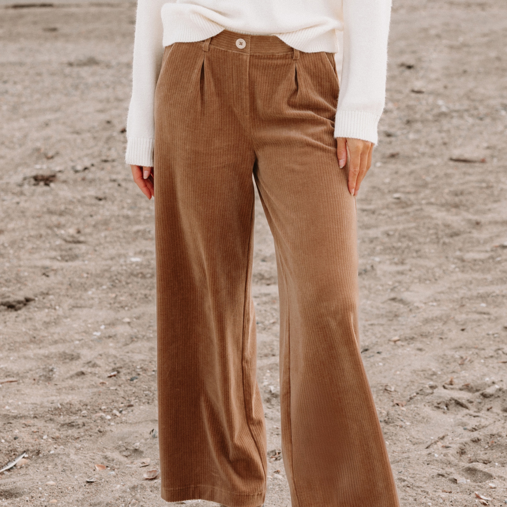 Pantalon large velours marron femme