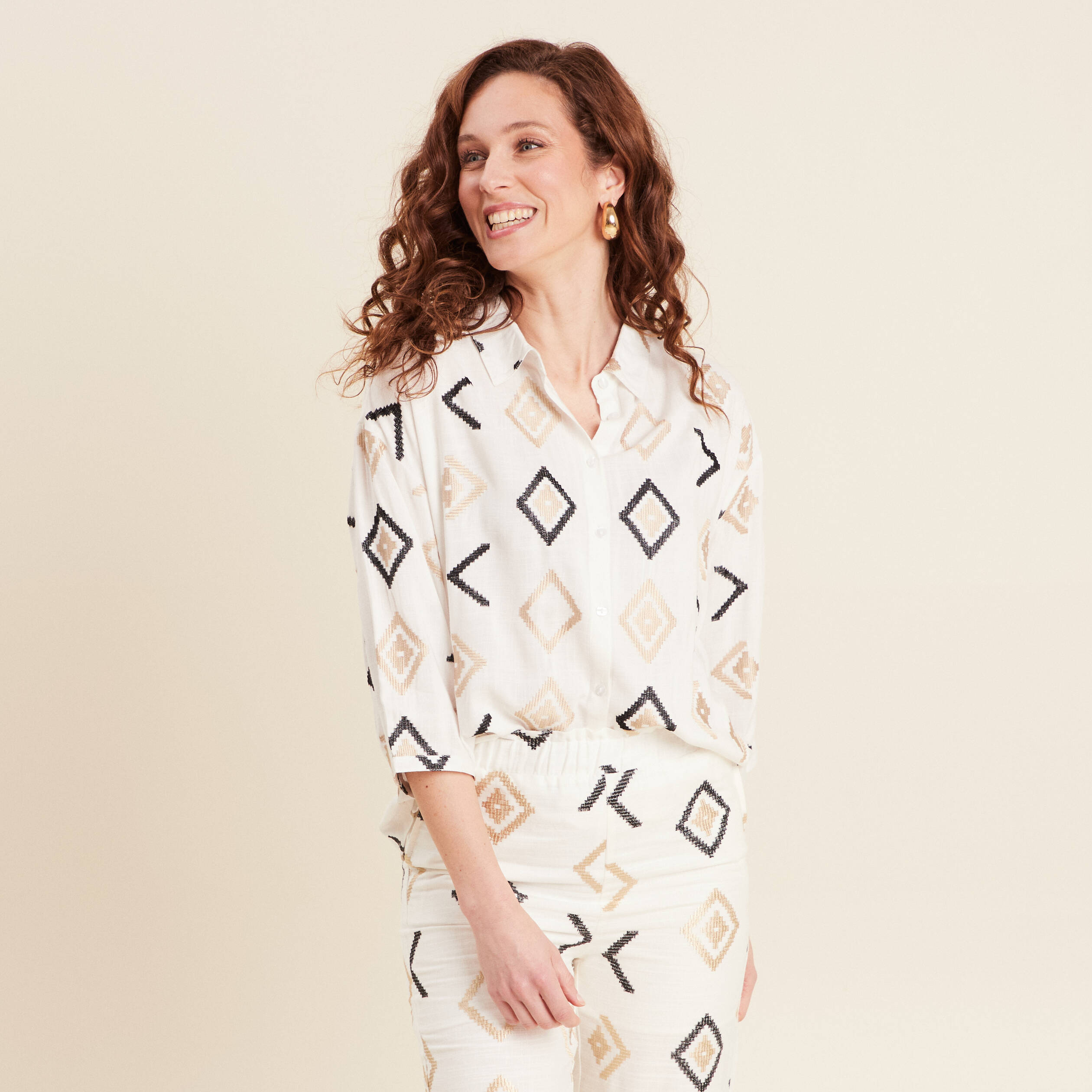 Chemise manches 3/4 brodée blanc femme