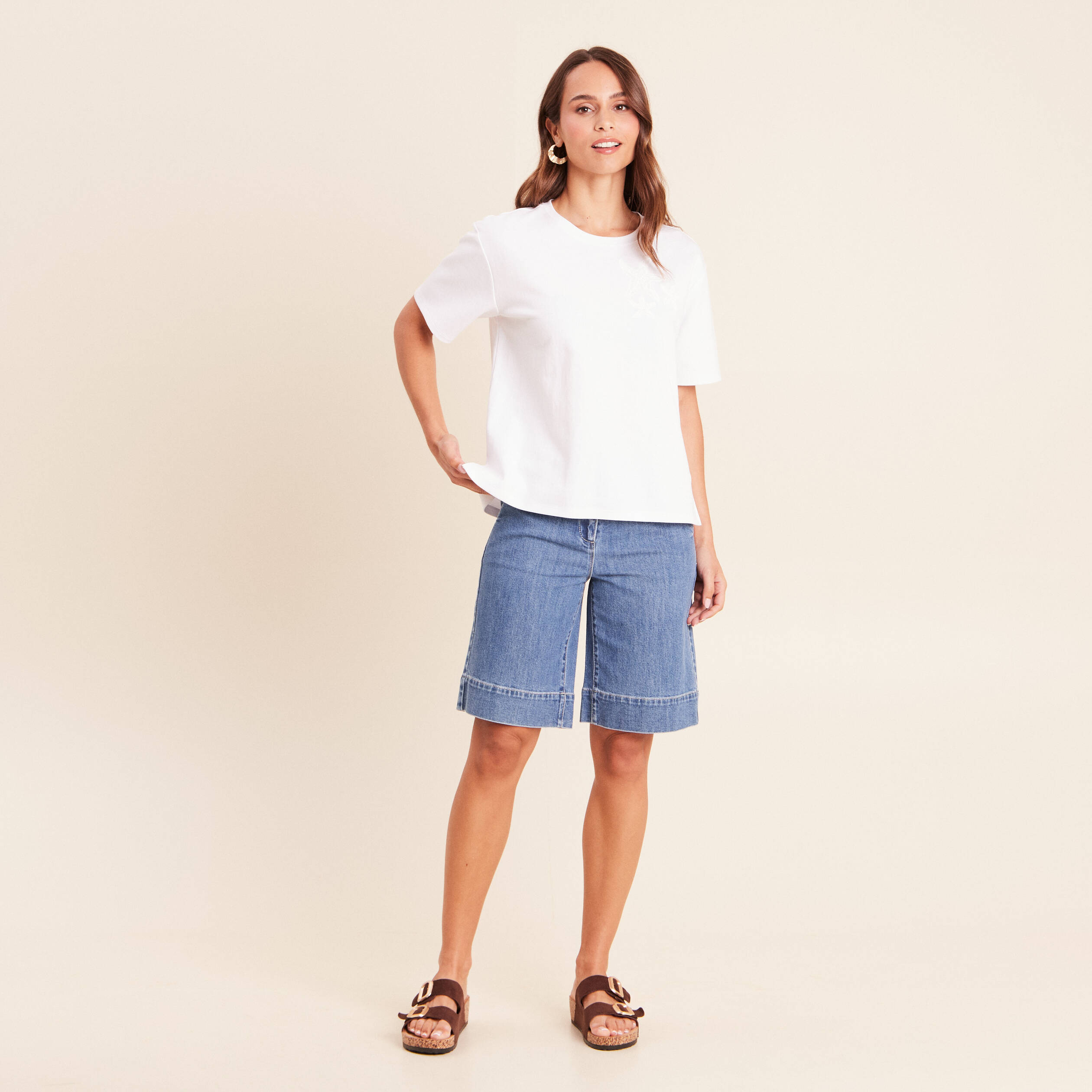 T-shirt col rond manches courtes sequins blanc femme