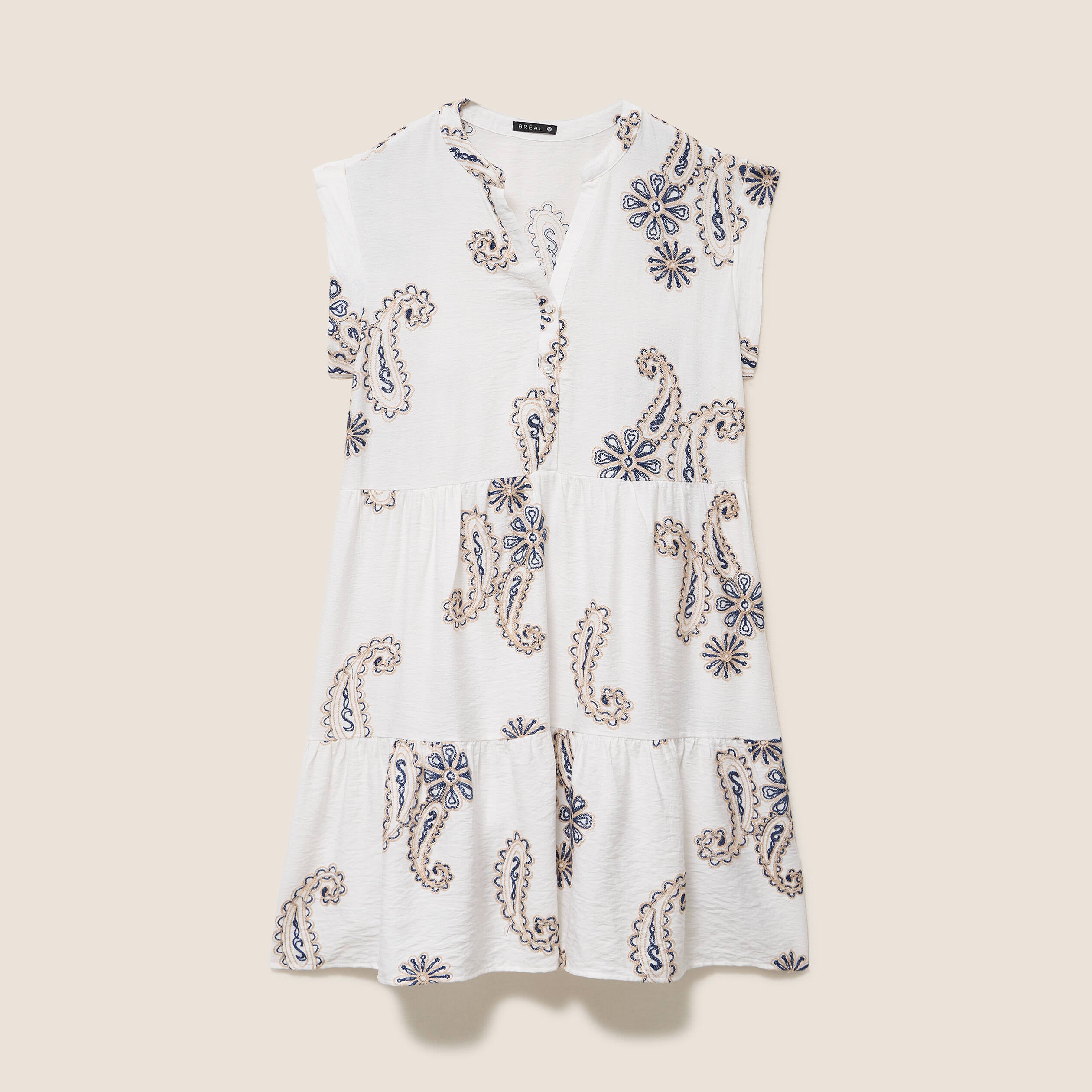 Robe courte &eacute;vas&eacute;e col tunisien brod&eacute;e bleu femme
