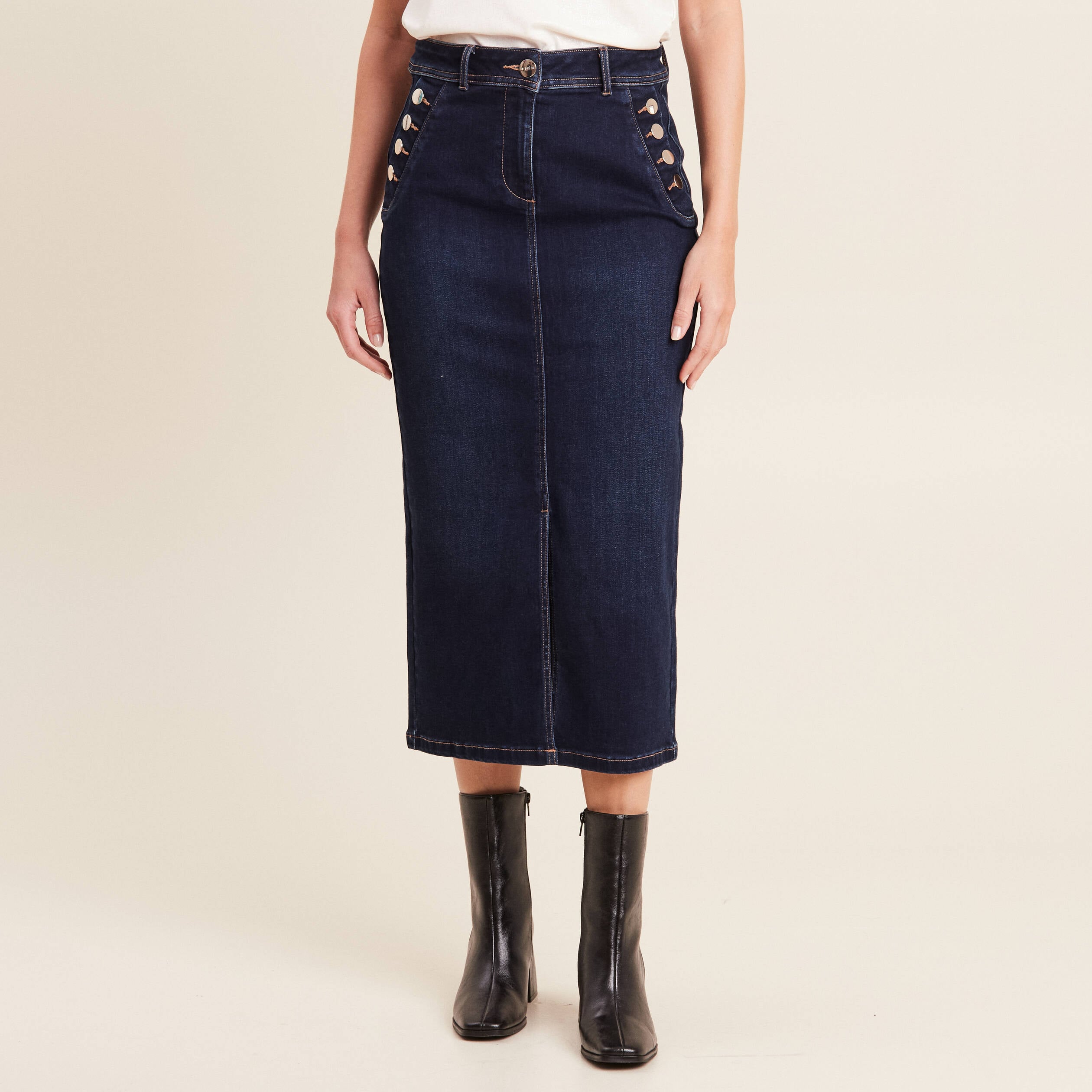 Jupe longue droite en jean denim brut femme
