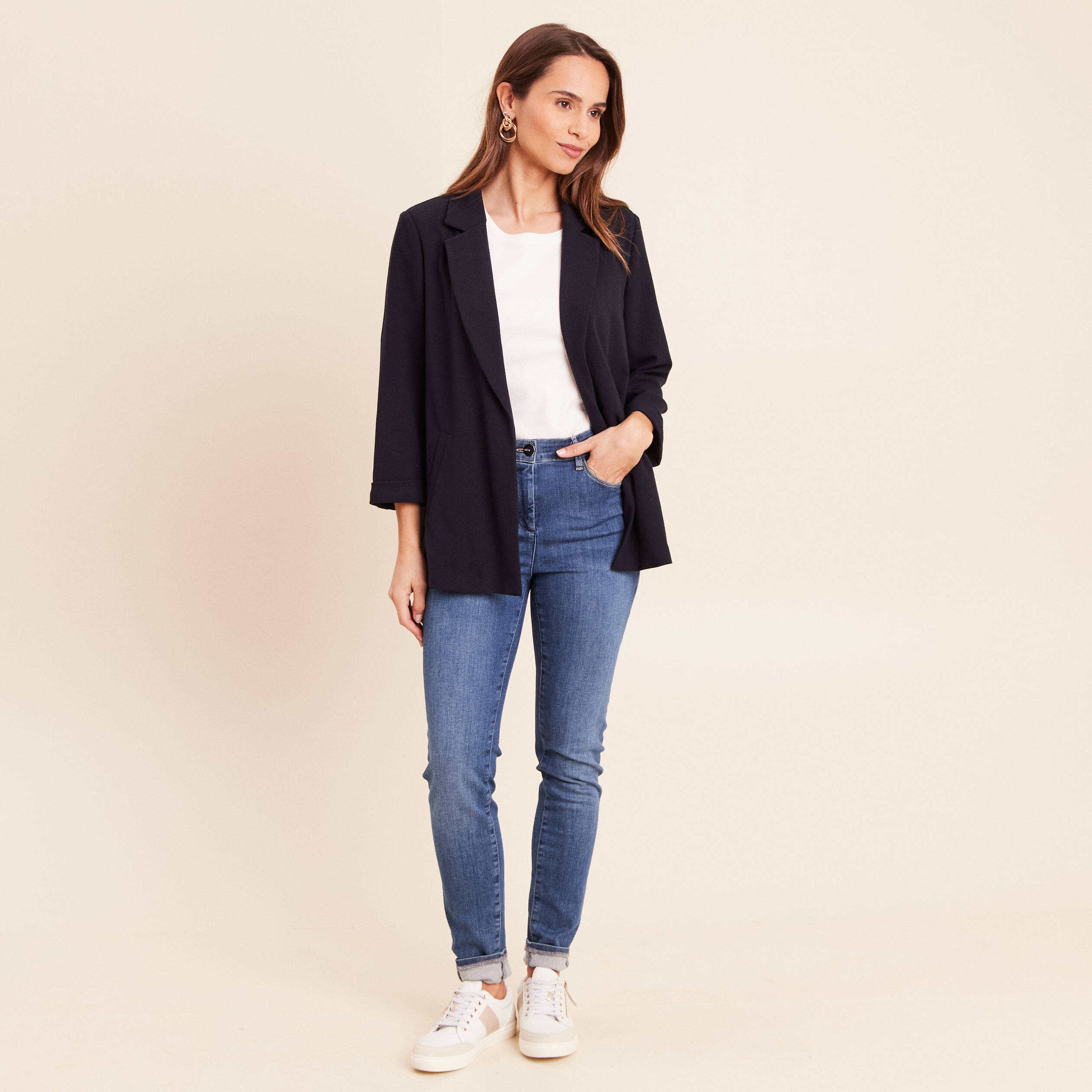 Veste longue droite col tailleur bleu fonc&eacute; femme