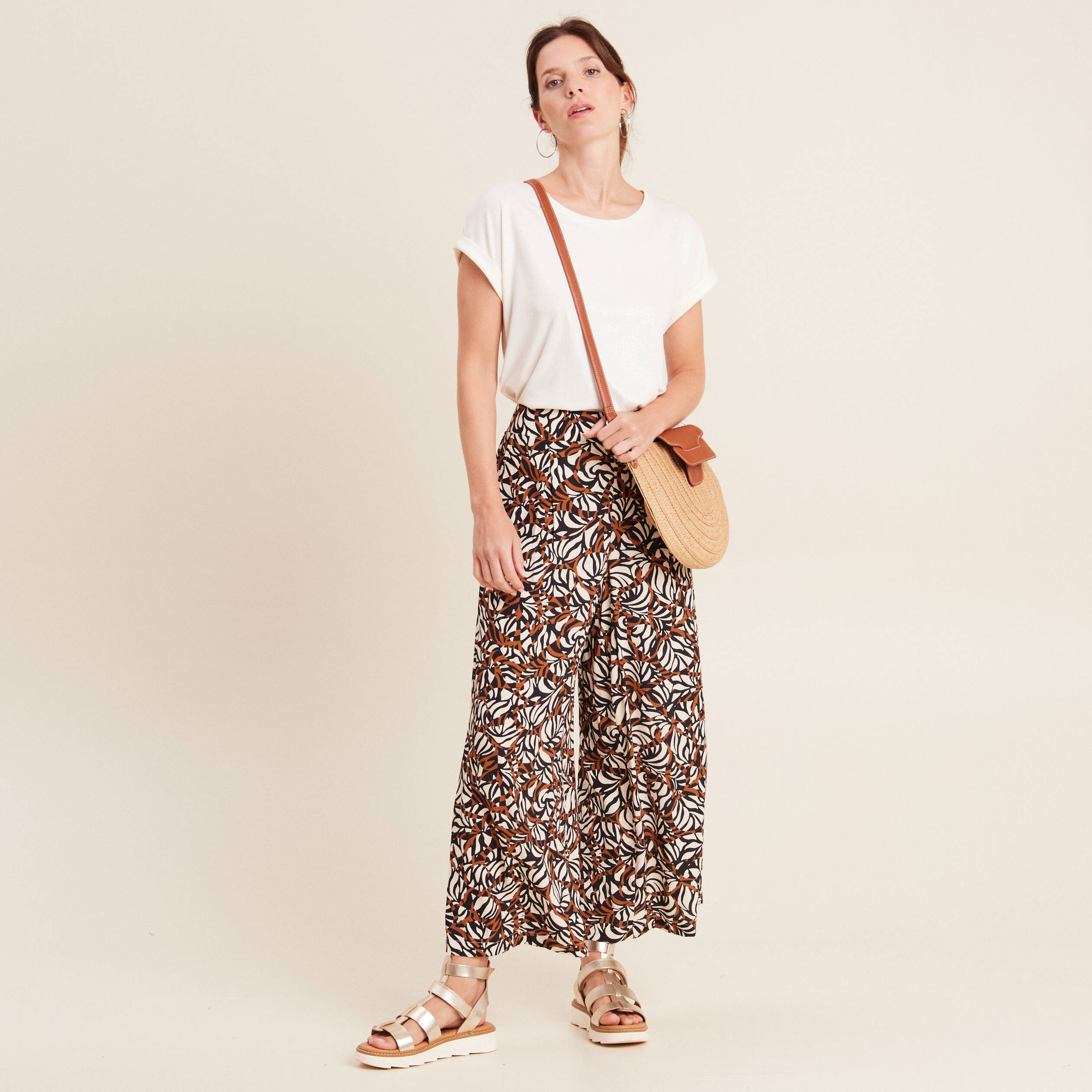 Pantalon flou large 7/8ème marron femme