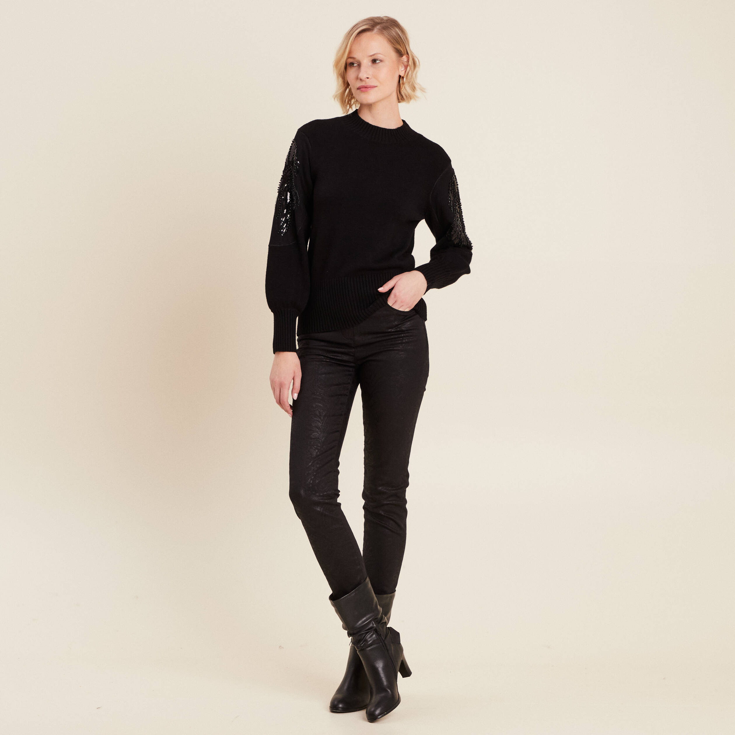 Pull manches longues sequins noir femme