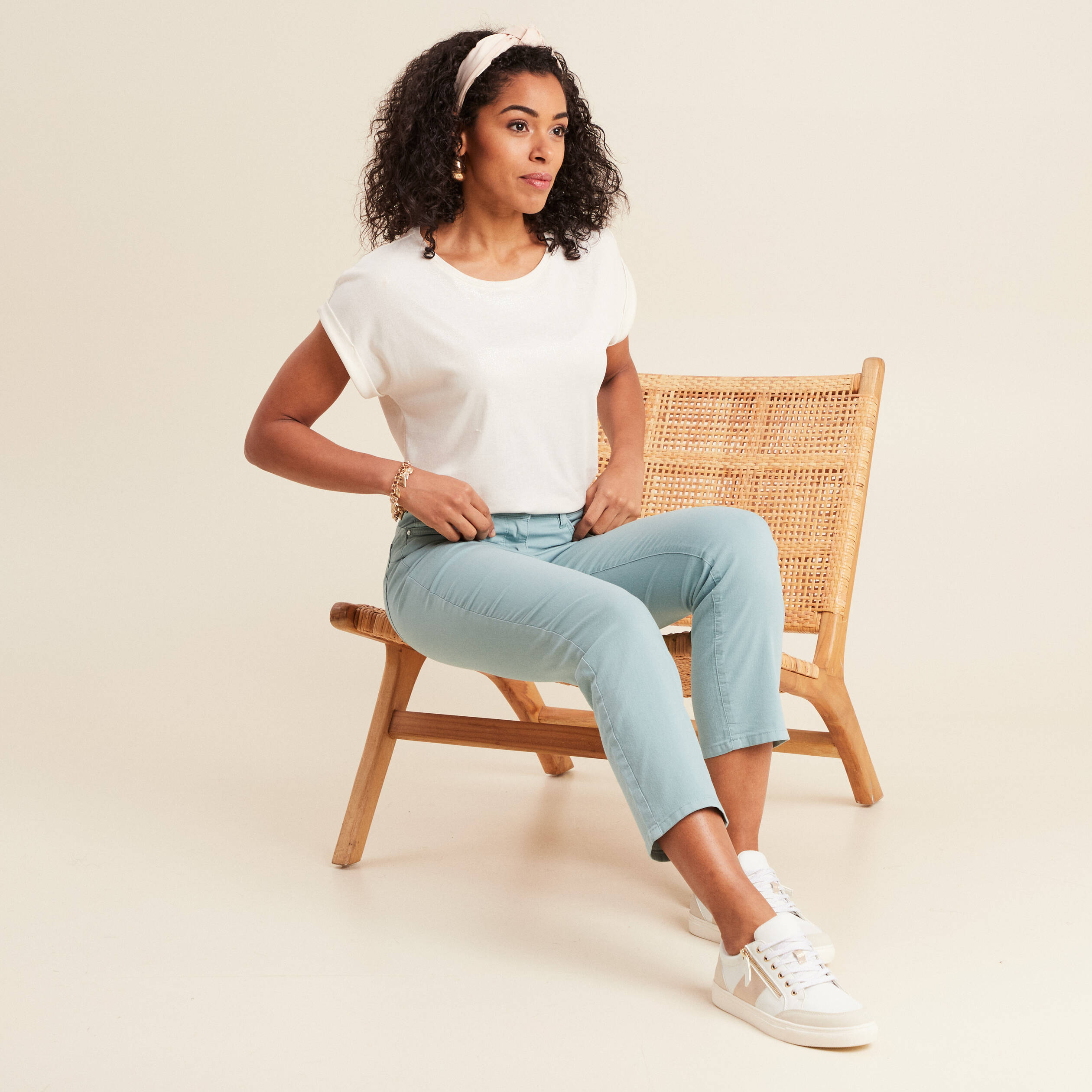 Pantalon droit taille haute 7/8ème bleu canard femme