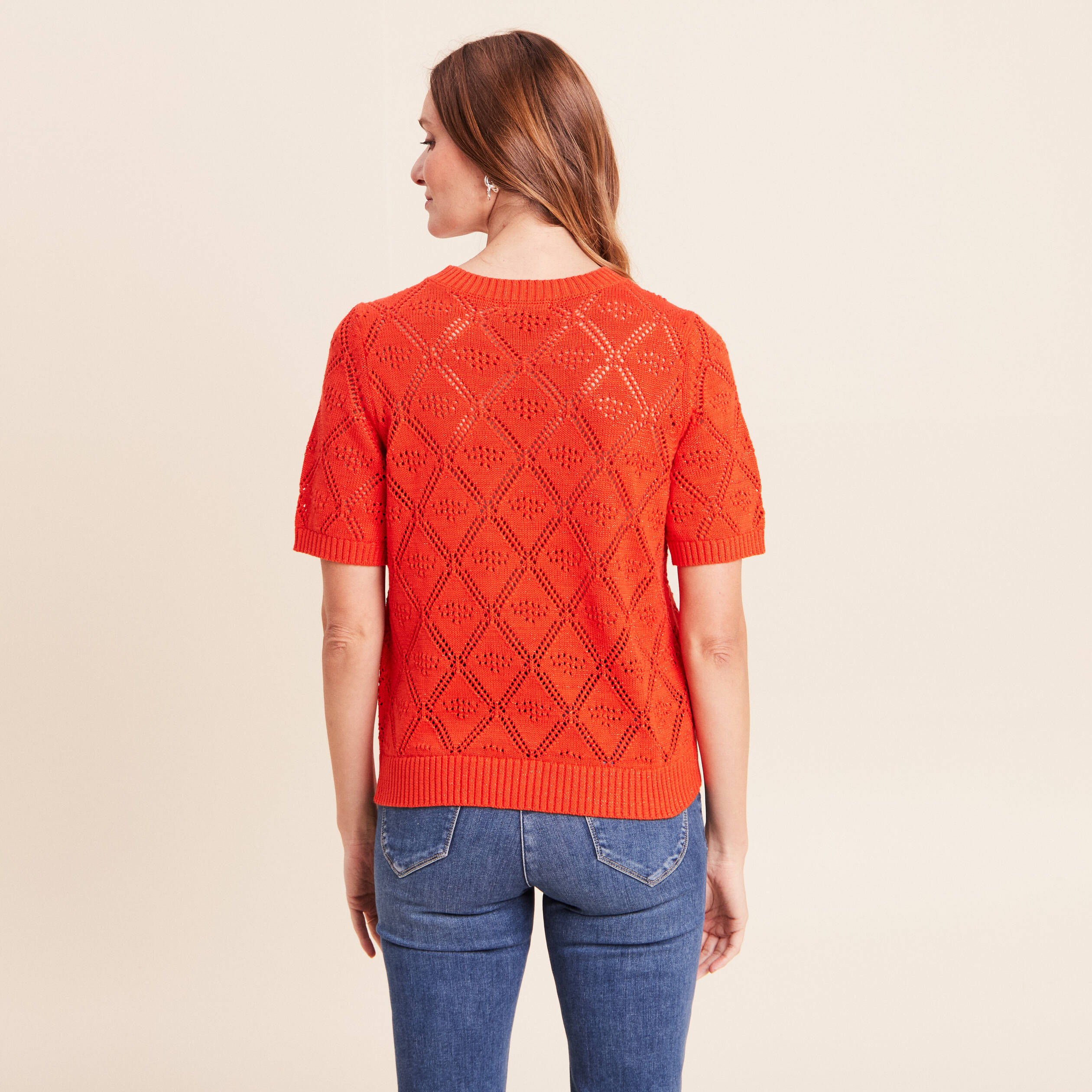 Pull droit court manches courtes orange fonc&eacute; femme