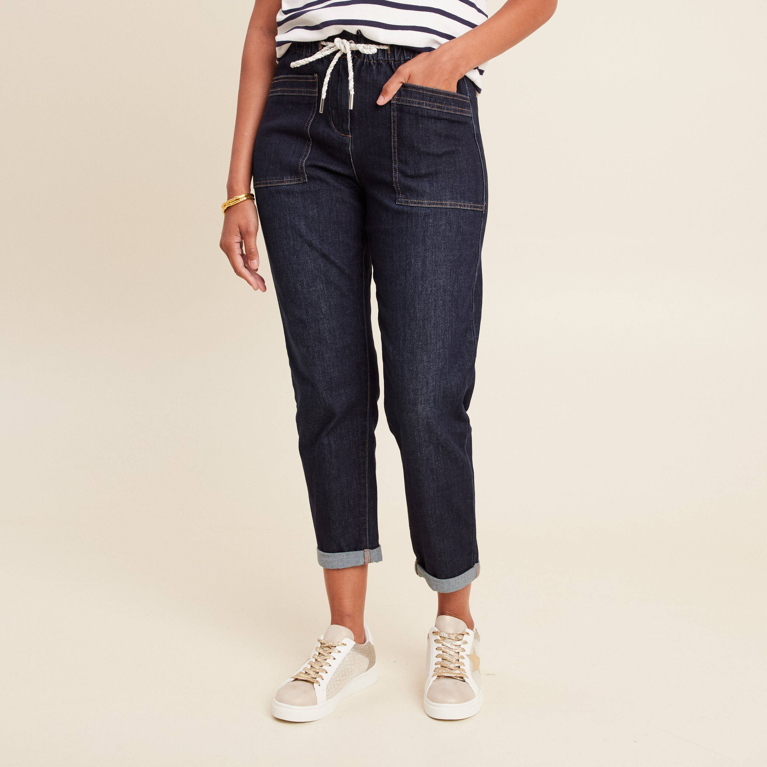 Jean large à coulisse denim brut femme