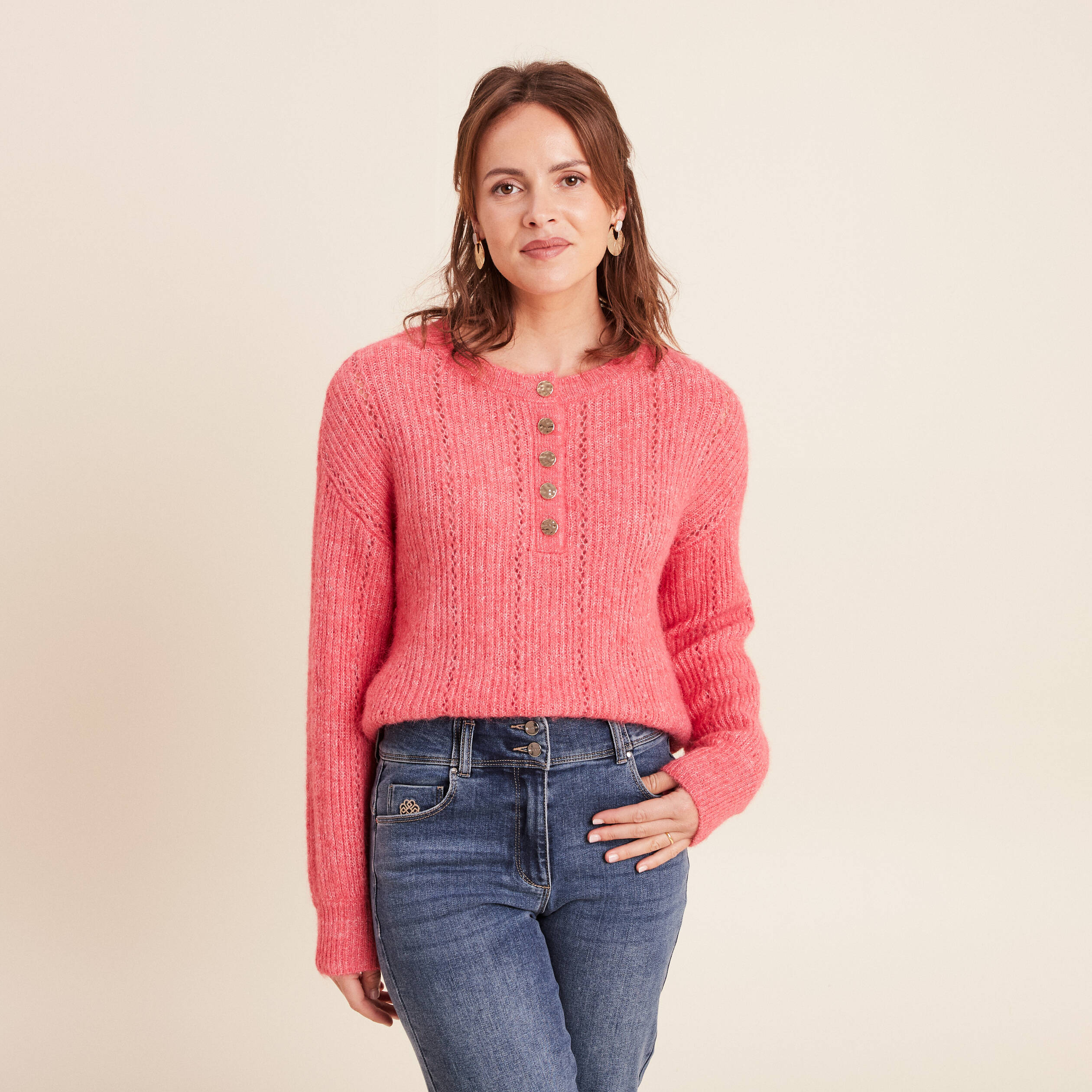 Pull col tunisien manches longues rose femme
