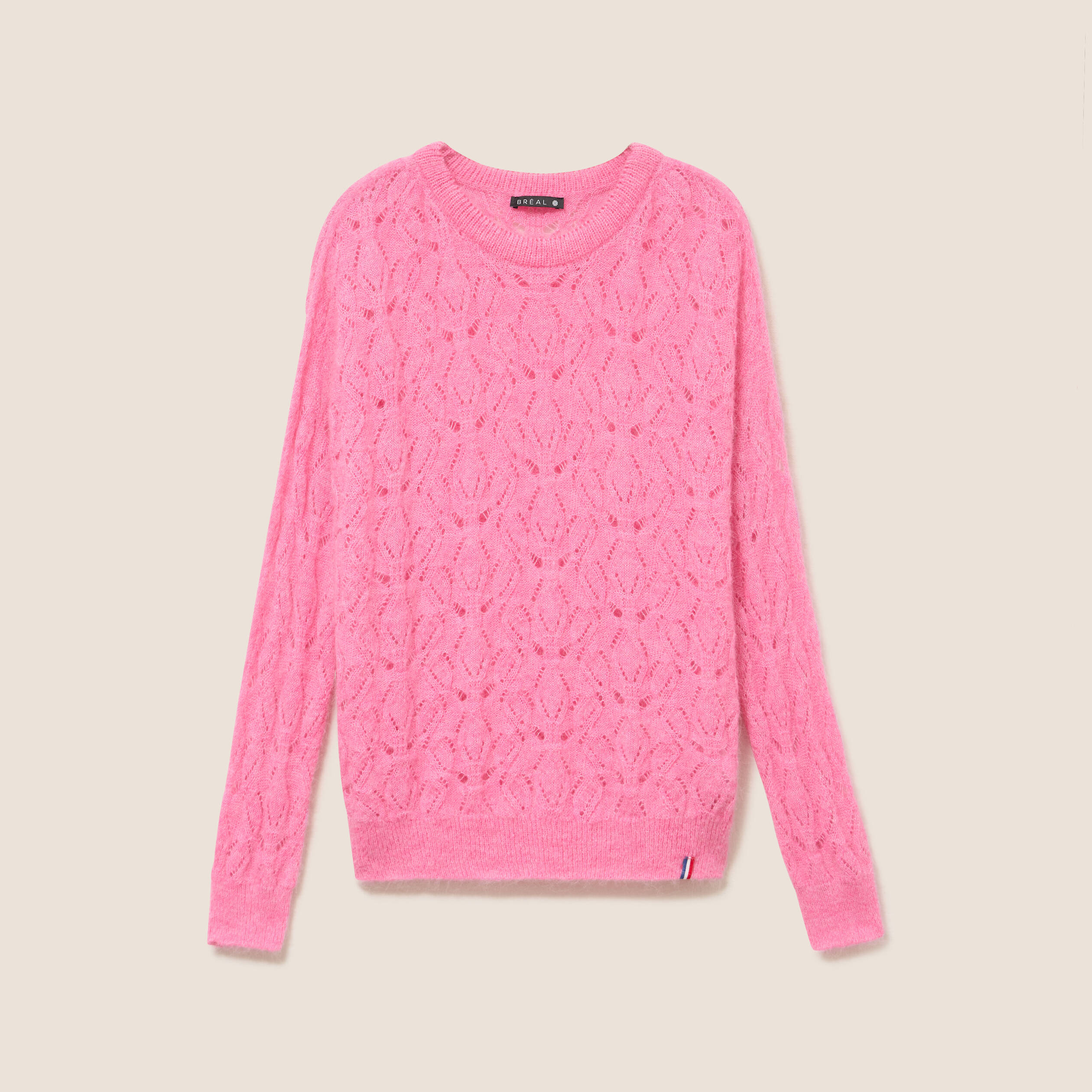 Pull ajour&eacute; col rond manches longues rose fushia femme