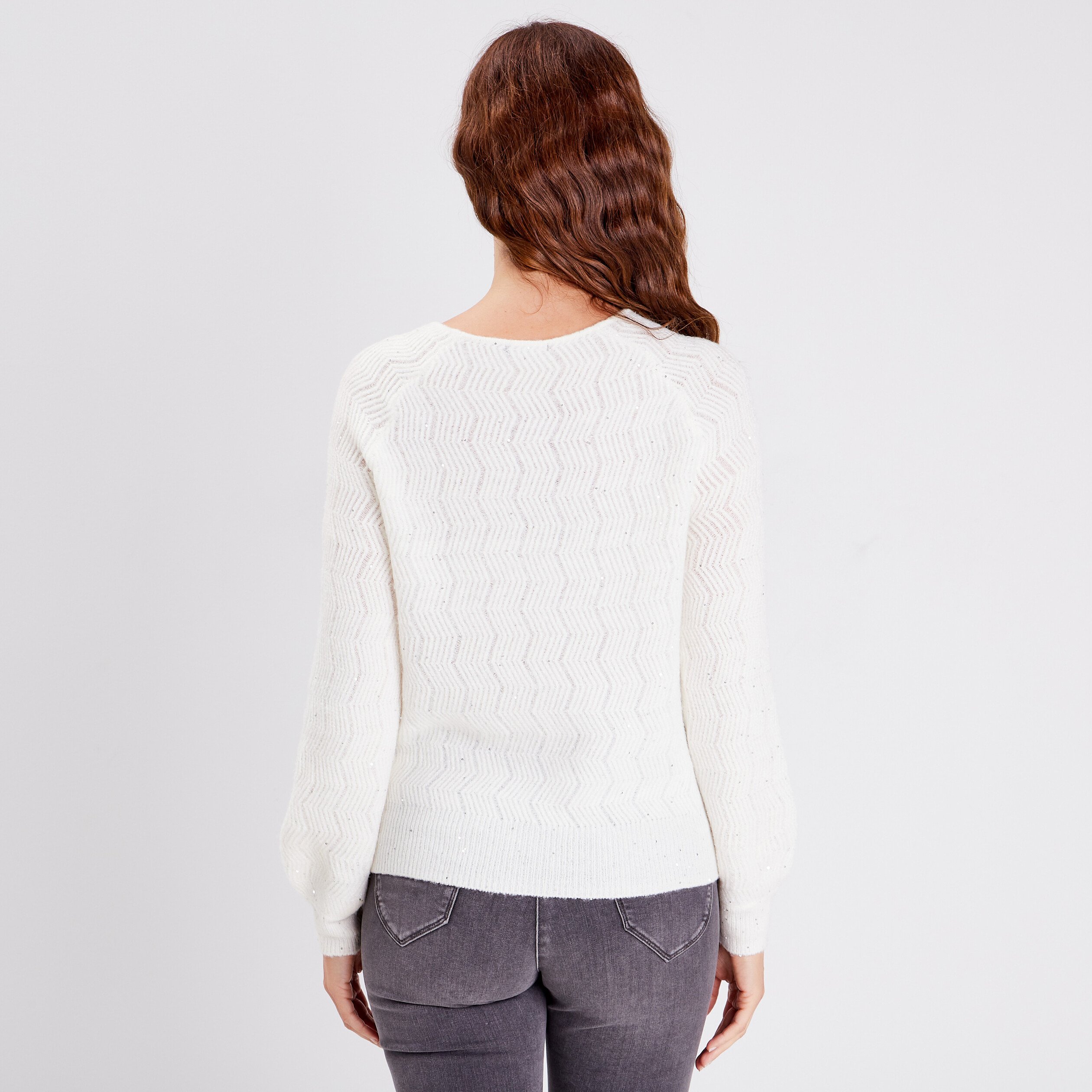 Pull manches longues à sequins ecru femme