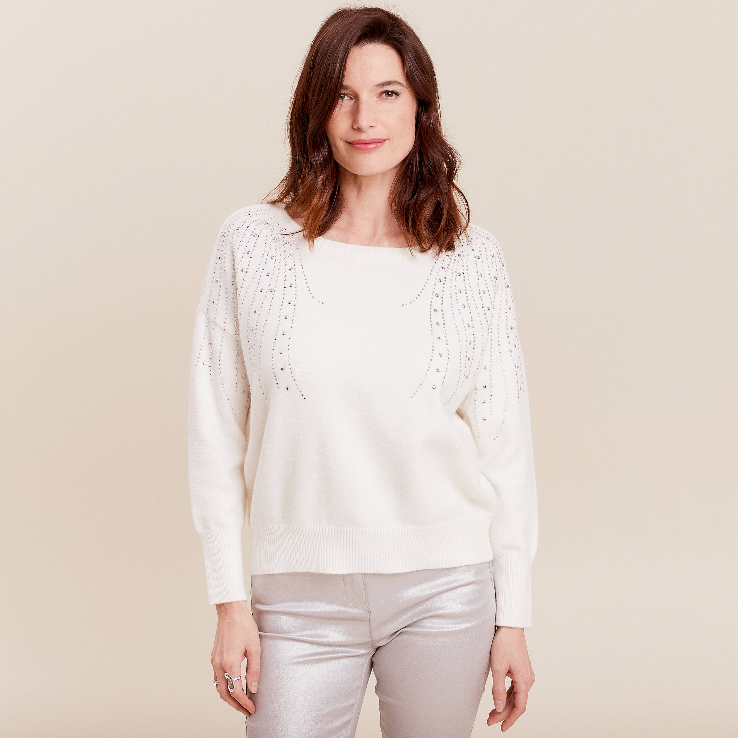 Pull manches longues strass ecru femme