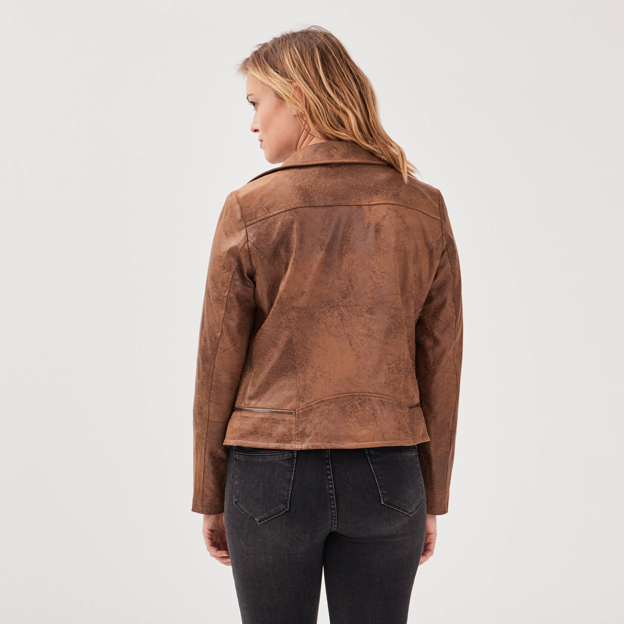 Veste esprit motard zippée marron foncé femme