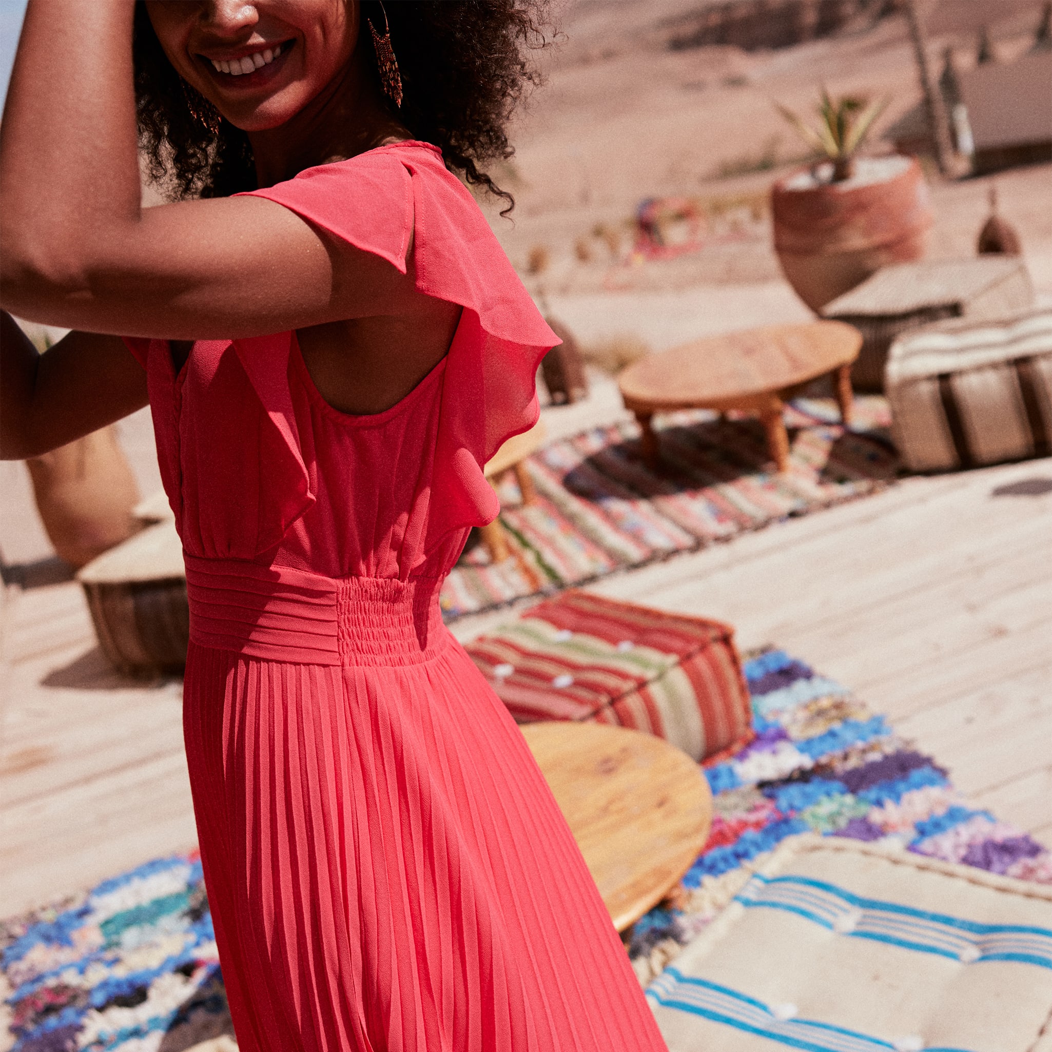 Robe longue évasée plissée rose cerise femme