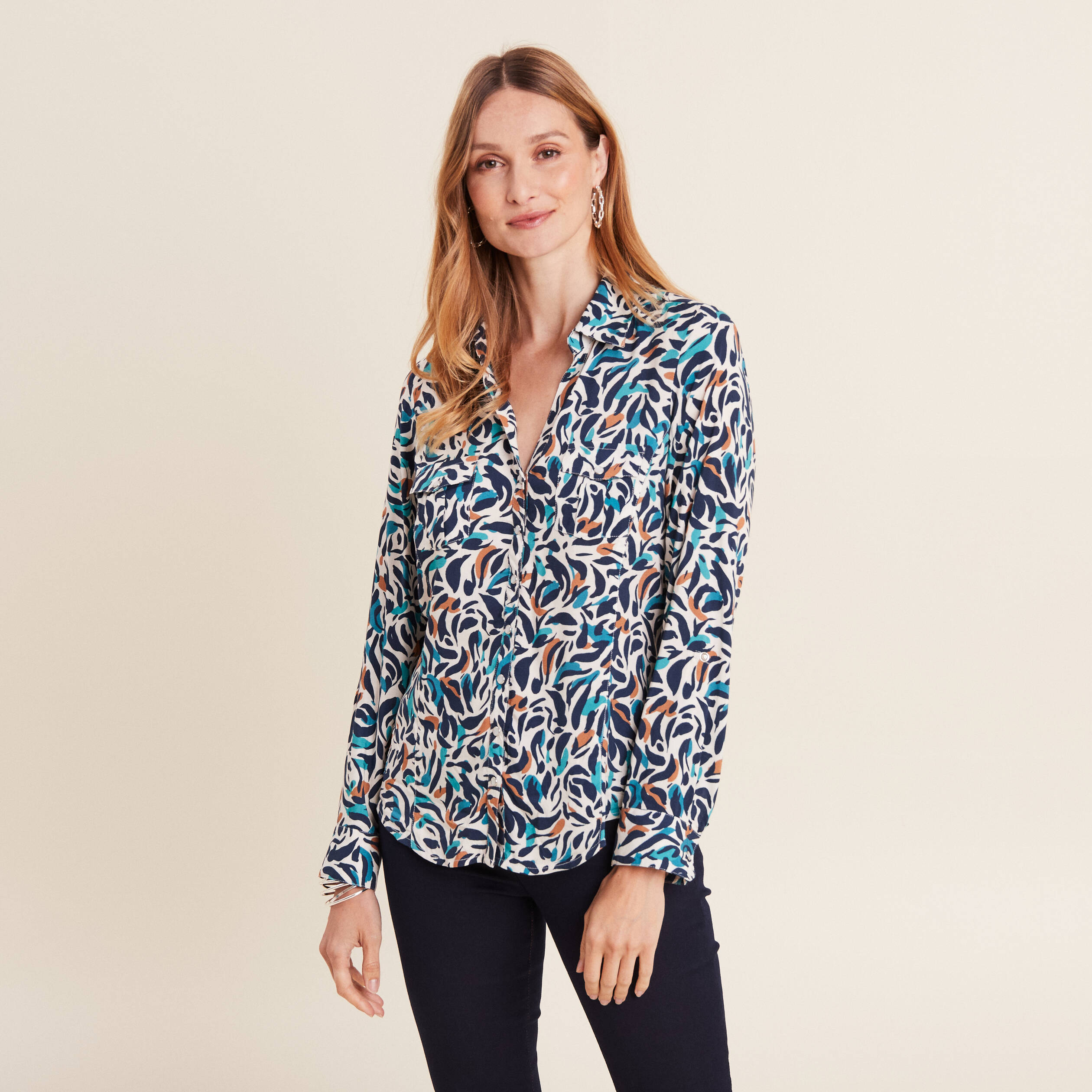 Chemise manches longues bleu canard femme