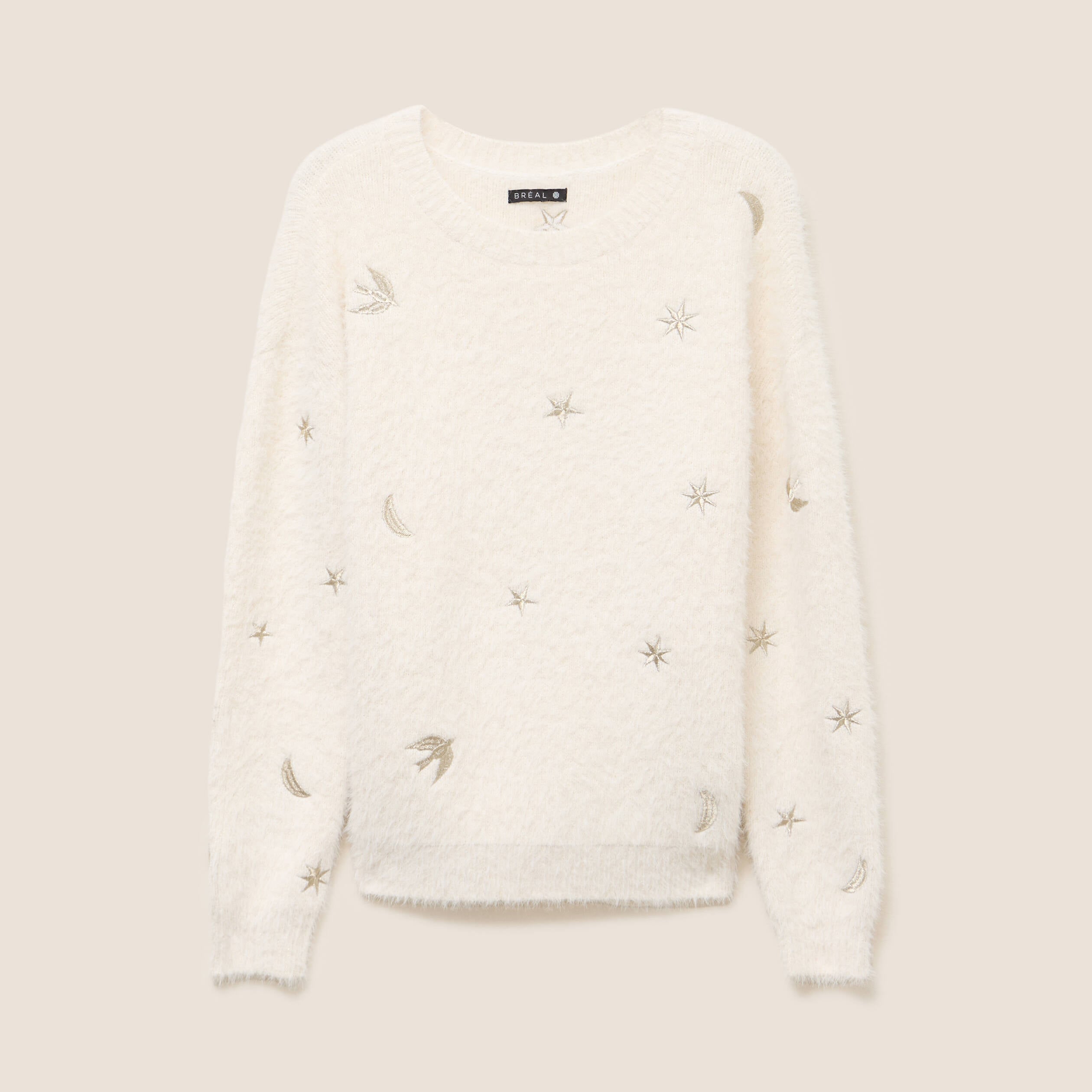 Pull brod&eacute; manches longues ecru femme