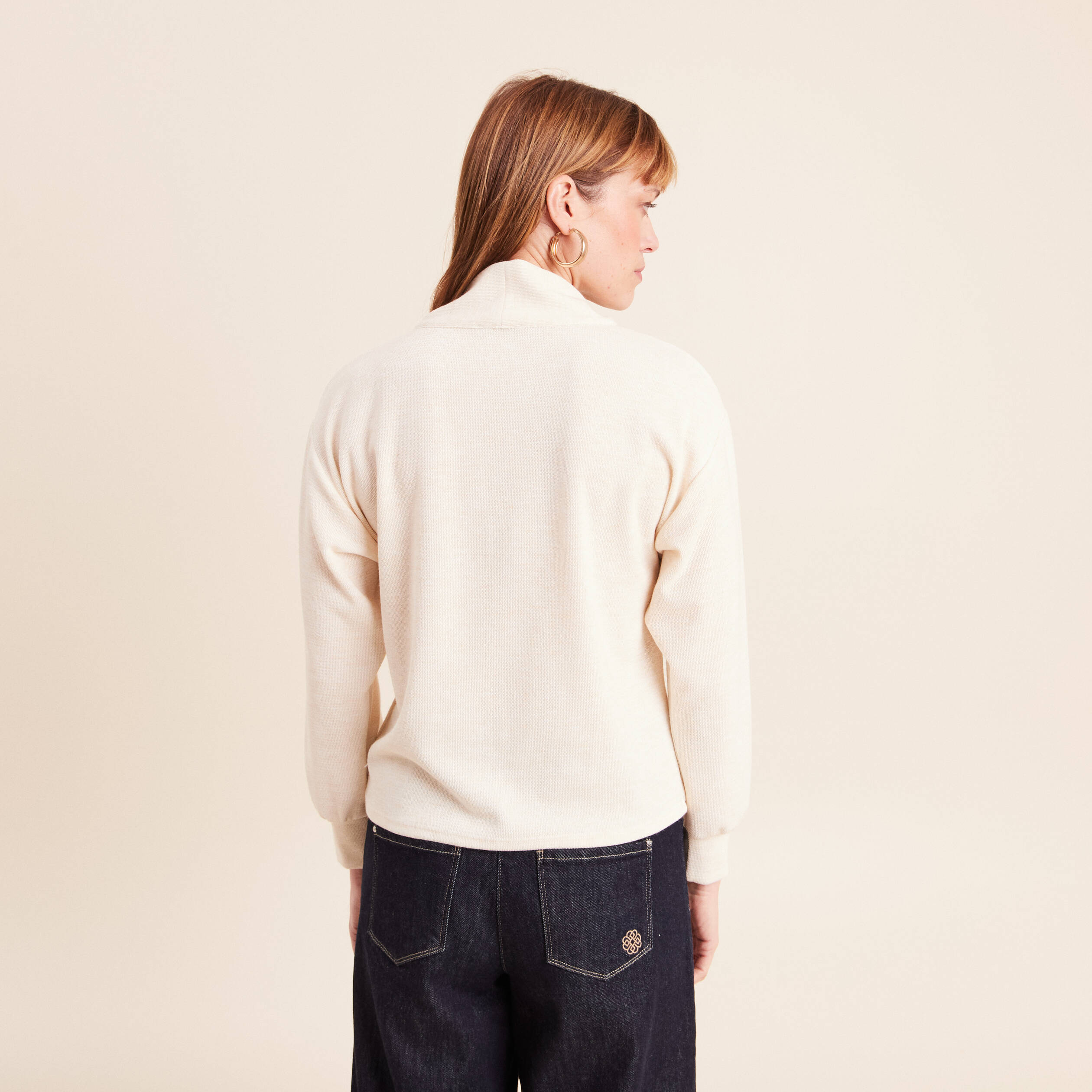 Pull col ch&acirc;le manches longues ecru femme