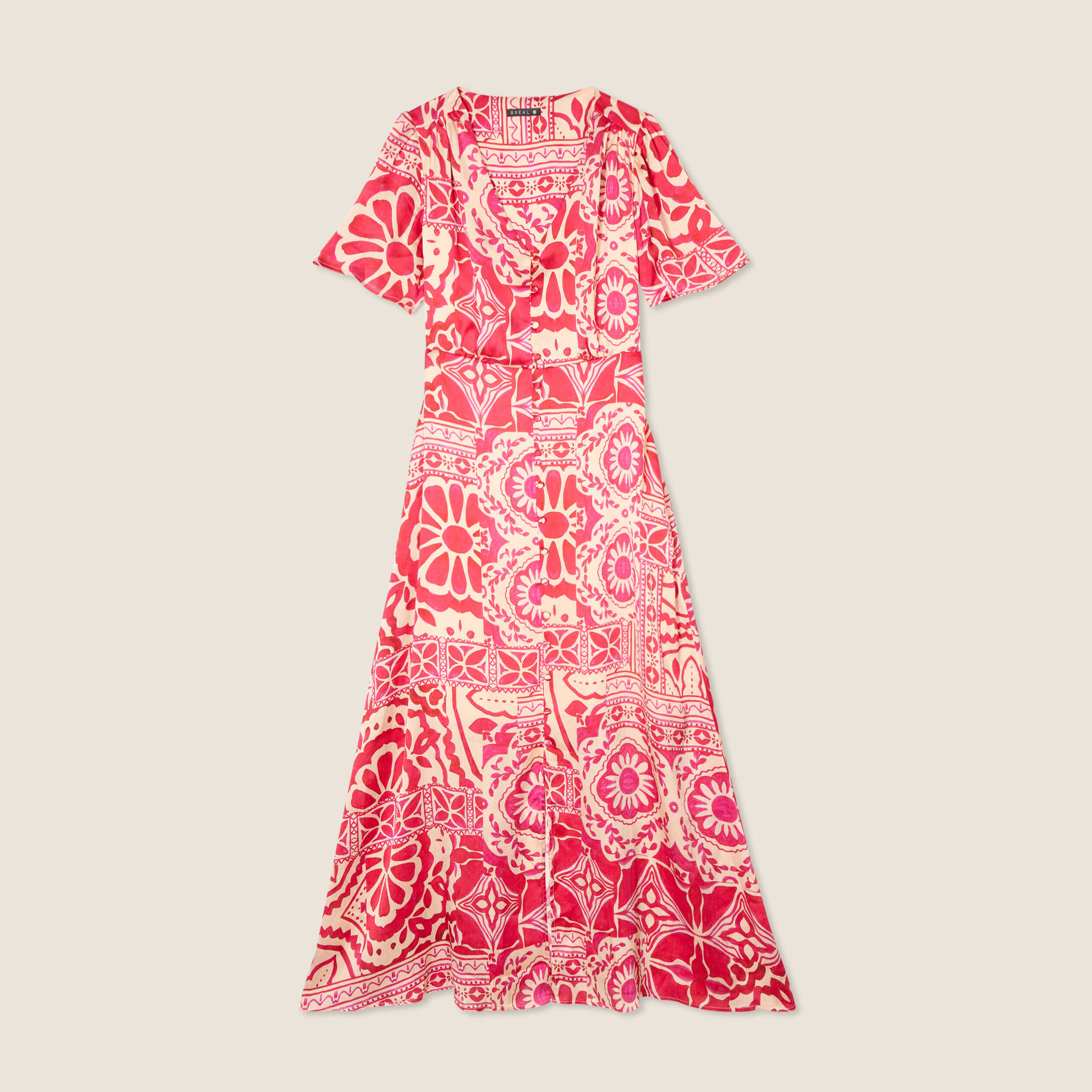 Robe longue évasée satin rose fushia femme